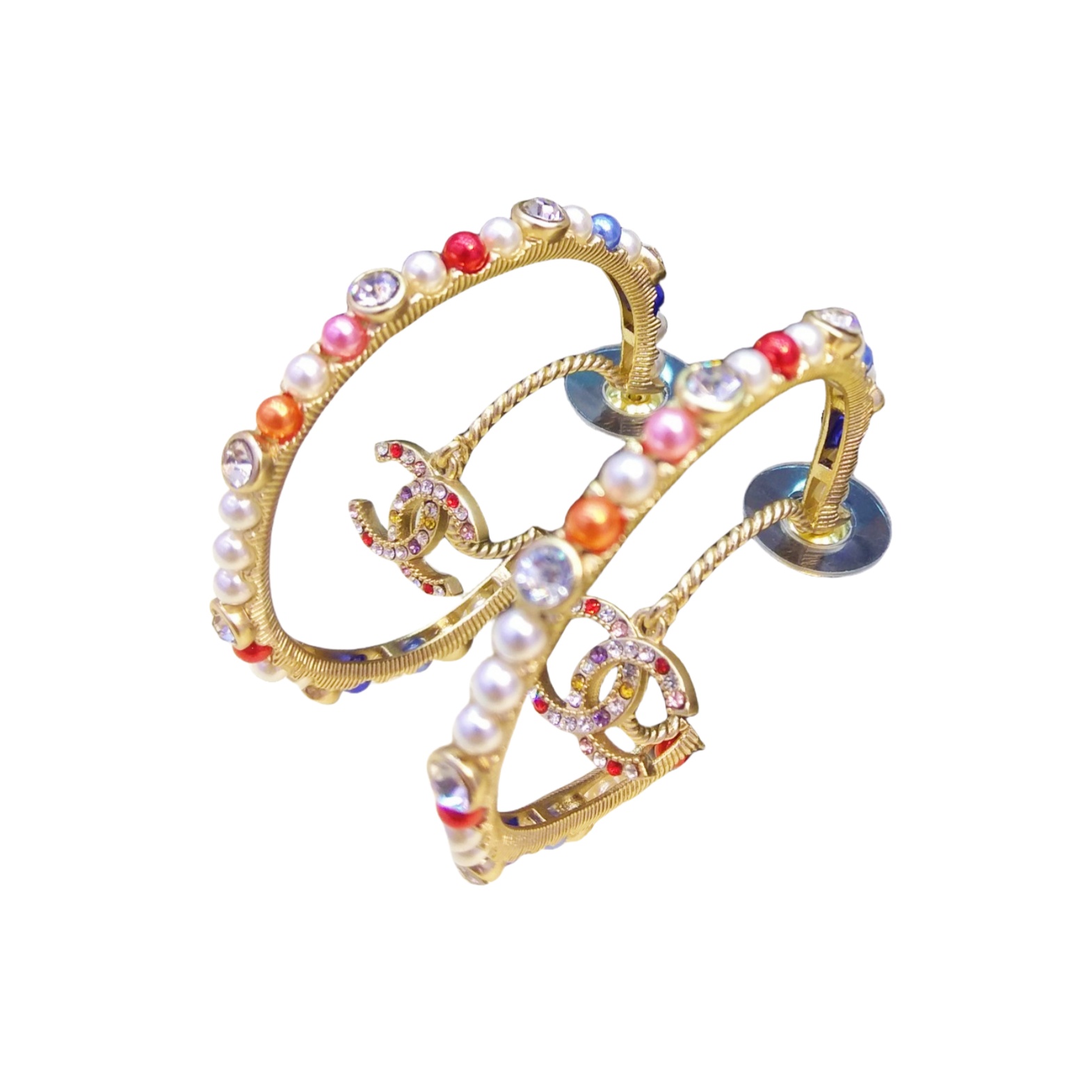 CCE483 Colorful pearls and crystal moon with cc logo pendant hoop earrings - ccfashionjewelry