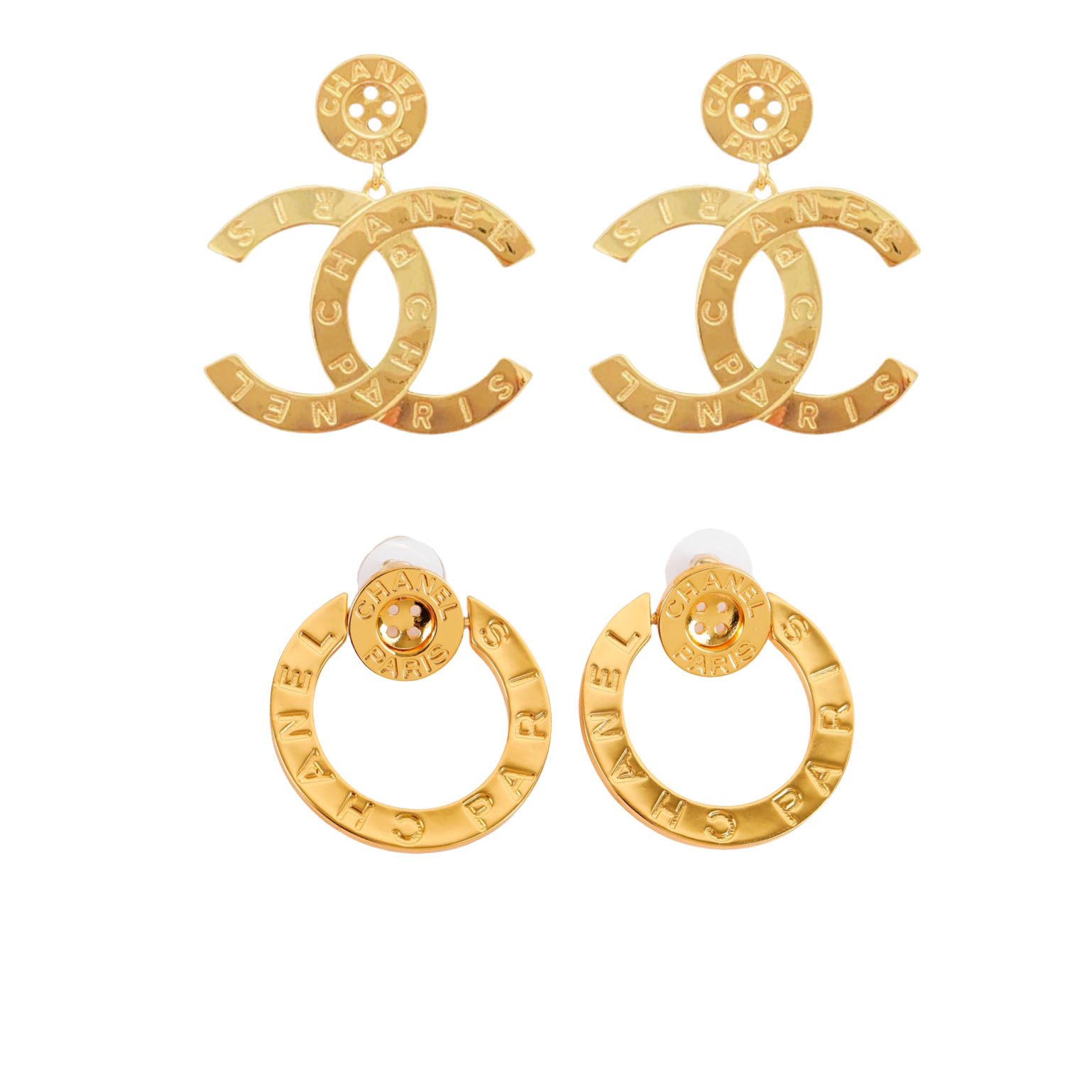 CCE159 Vintage Gold button with chanel paris letter engrave cc logo stud earring - ccfashionjewelry
