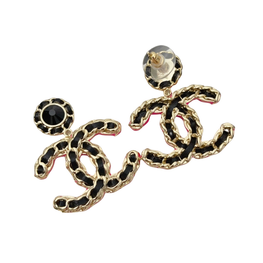 CCE038 Metal black leather with Pink paint CC logo earring - ccjewelryacc