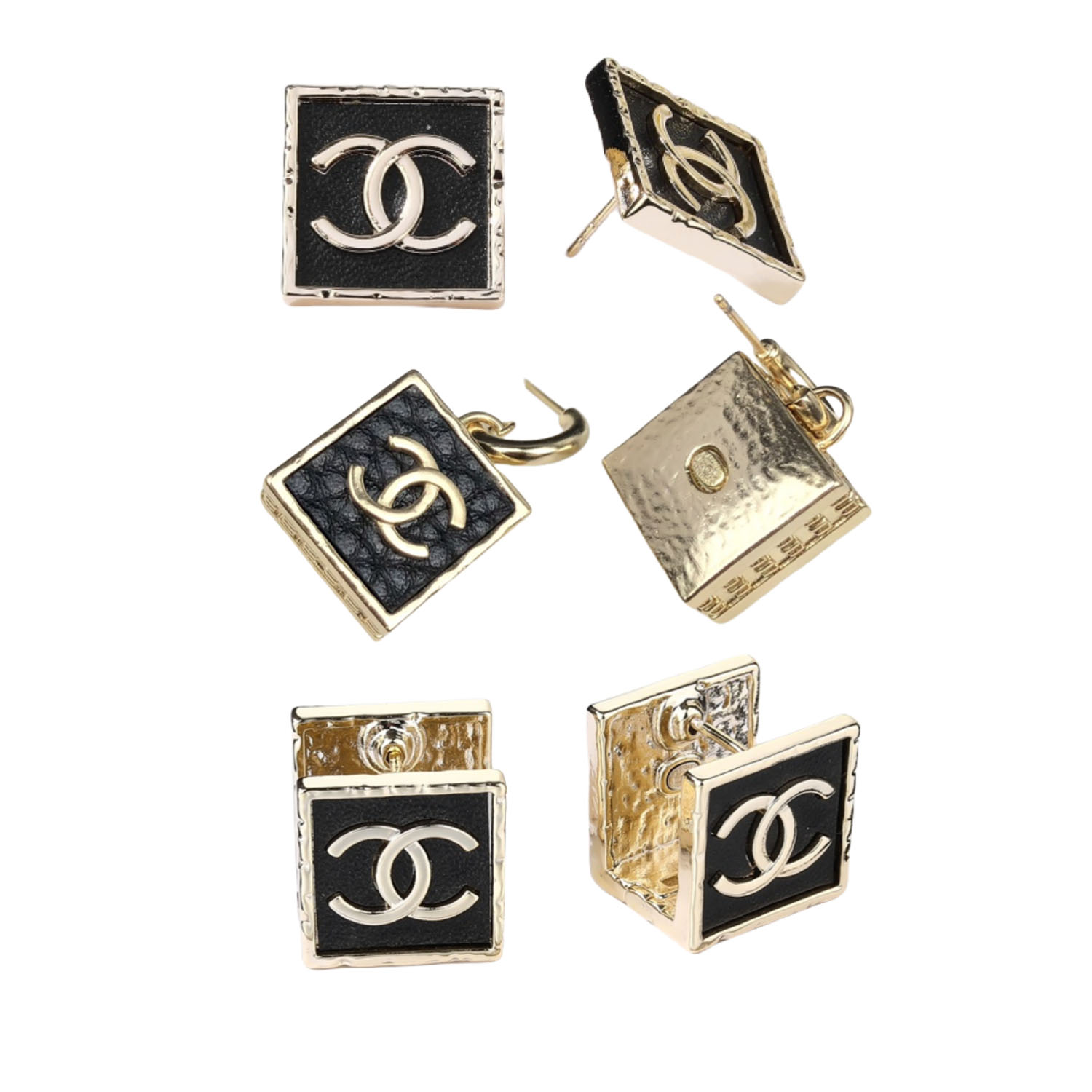 CCE347 Chanel Vintage Metal Square Black Leather-Like Minimalist Earrings - ccfashionjewelry