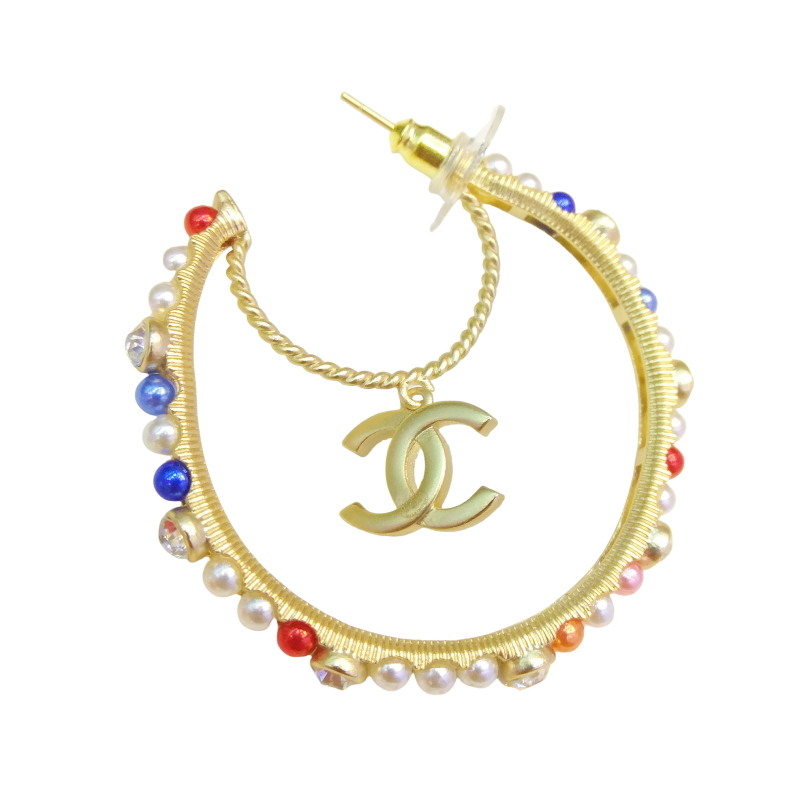 CCE483 Colorful pearls and crystal moon with cc logo pendant hoop earrings - ccjewelryacc