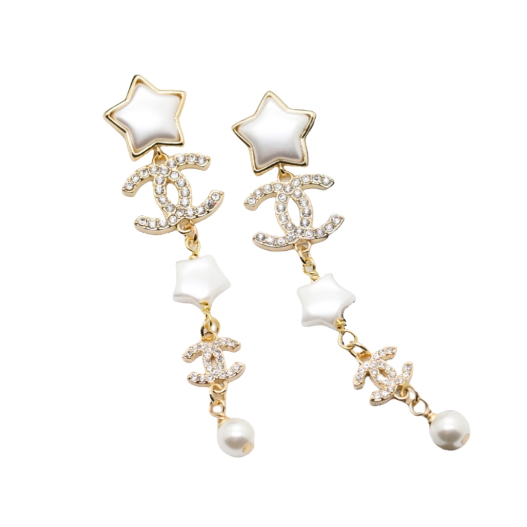 CCE469 Star-shaped acrylic double C rhinestones with pearl fringe pendant CC earring - ccjewelryacc