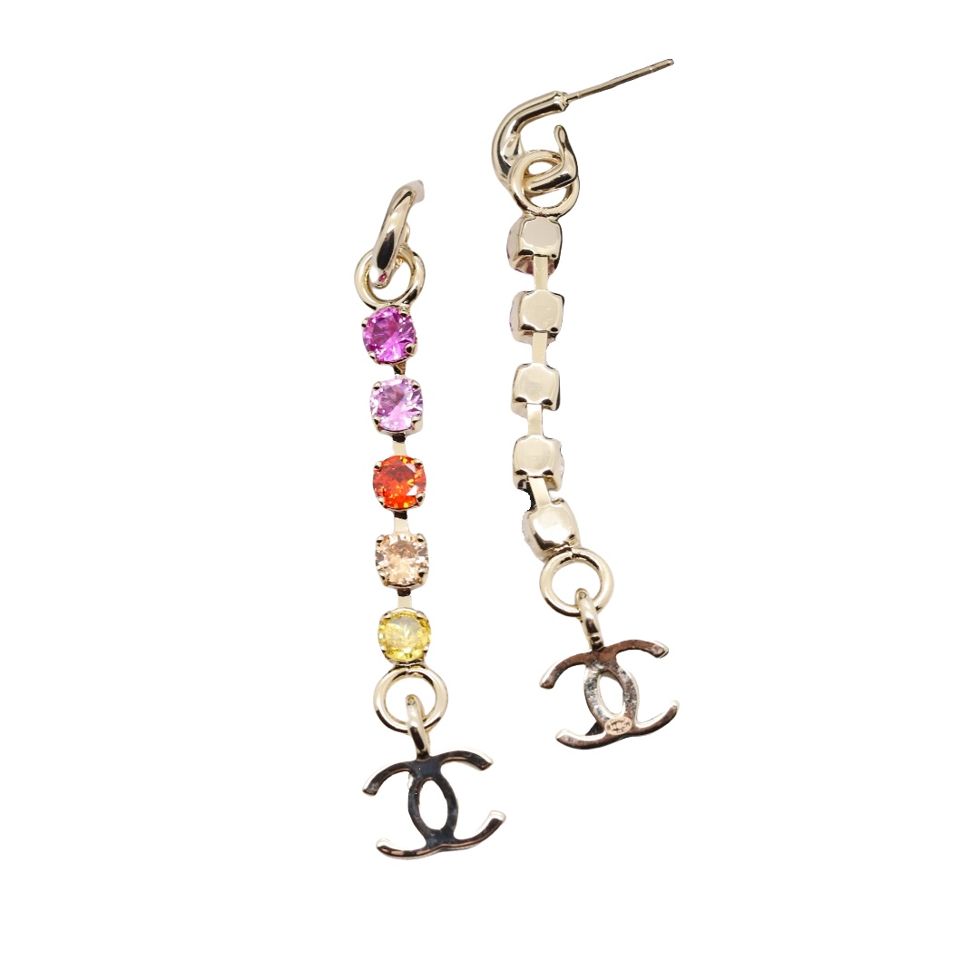 CCE454 Multicolor long tassel rhinestones double C pendant earrings - ccjewelryacc