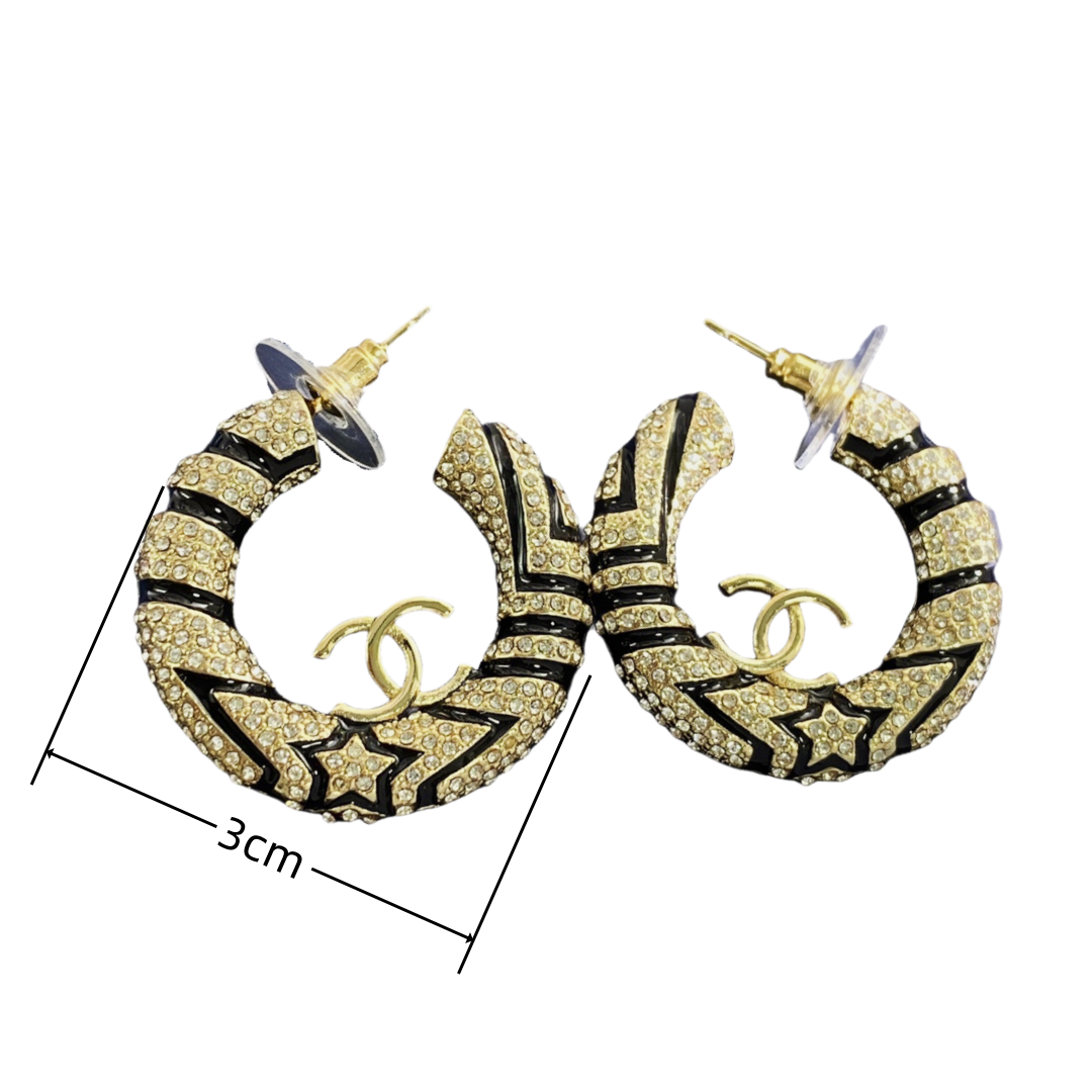 CCE284 Full crystal star Black paint cc logo hook earrings - ccjewelryacc