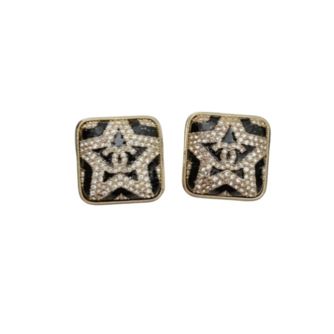 CCE284 Full crystal star Black paint cc logo hook earrings - ccfashionjewelry