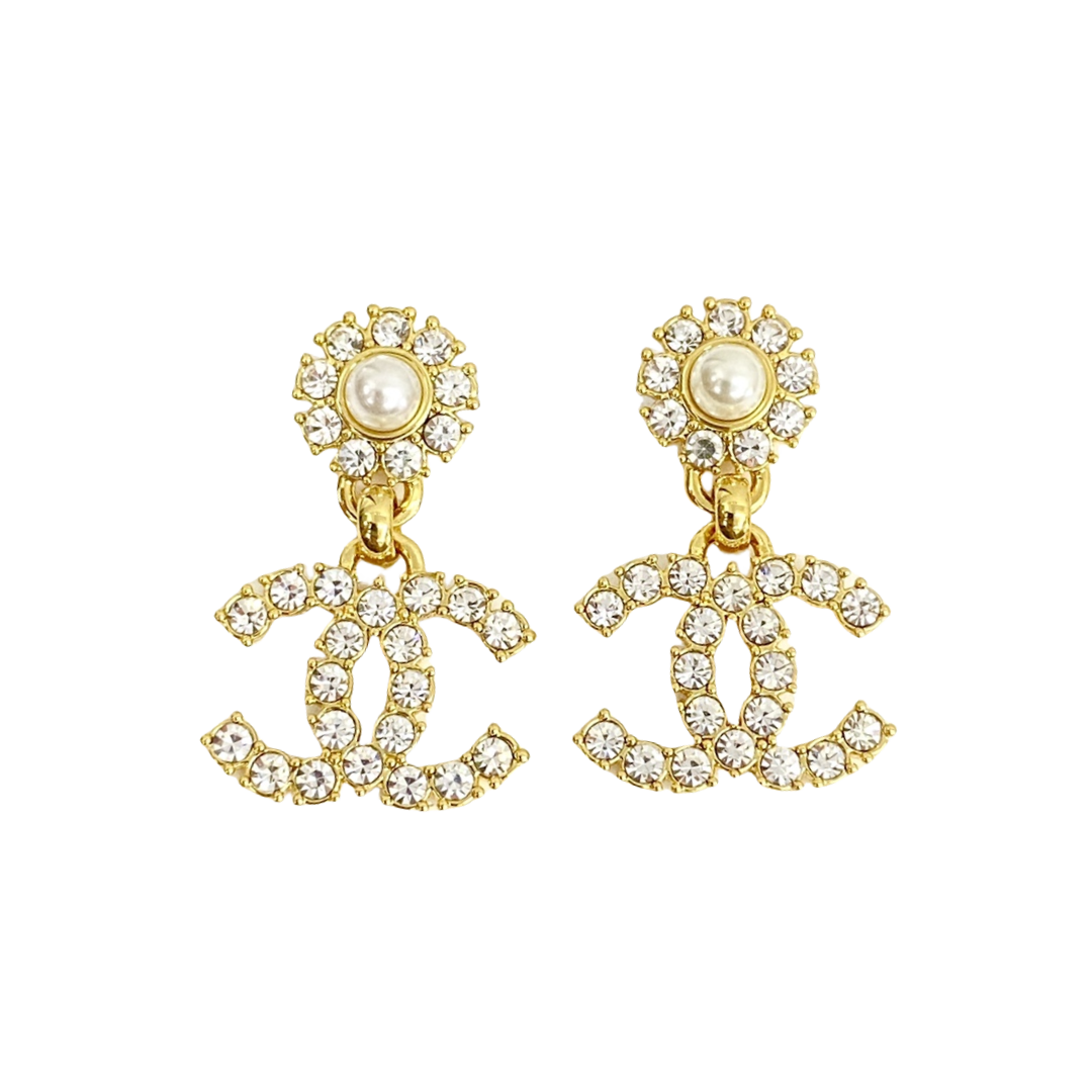CCE754 Crystal pearl flower with black crystal cc logo drop earring - ccfashionjewelry