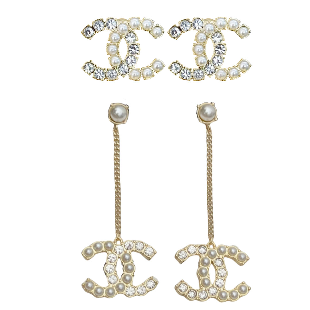 CCE070 Crystal and pearl CC logo stud earring - ccjewelryacc