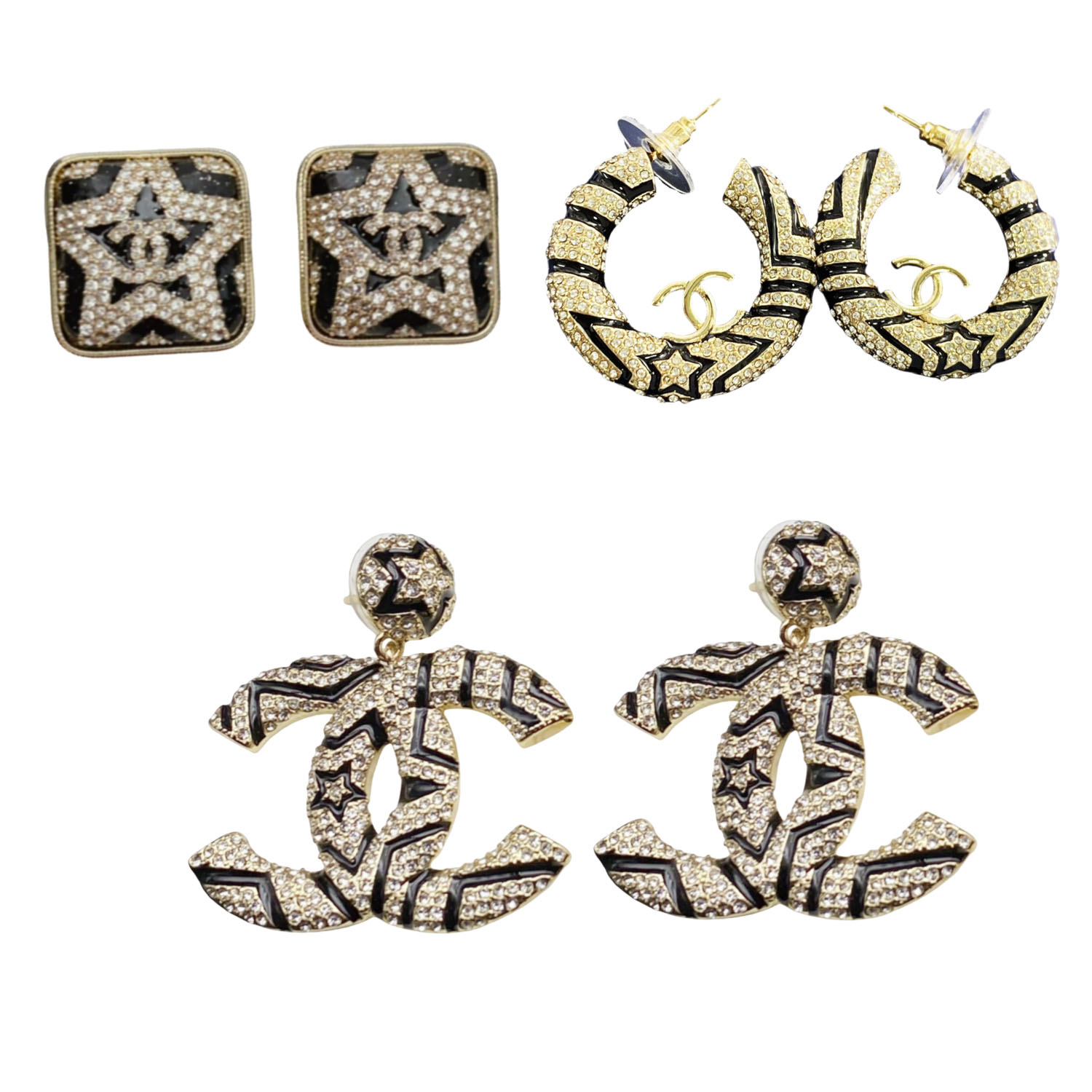 CCE284 Full crystal star Black paint cc logo hook earrings - ccfashionjewelry