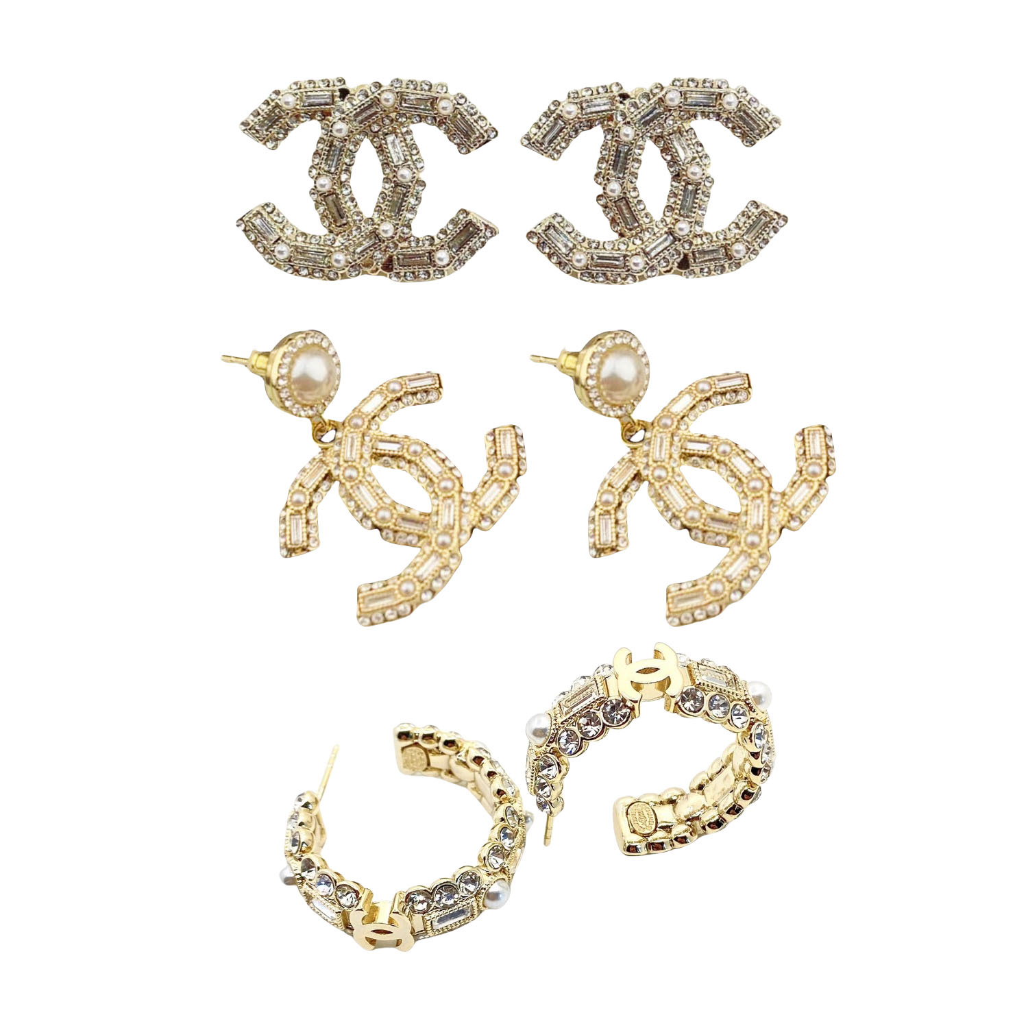 CCE219 100th anniversary crystal and pearl cc logo stud earrings - ccfashionjewelry