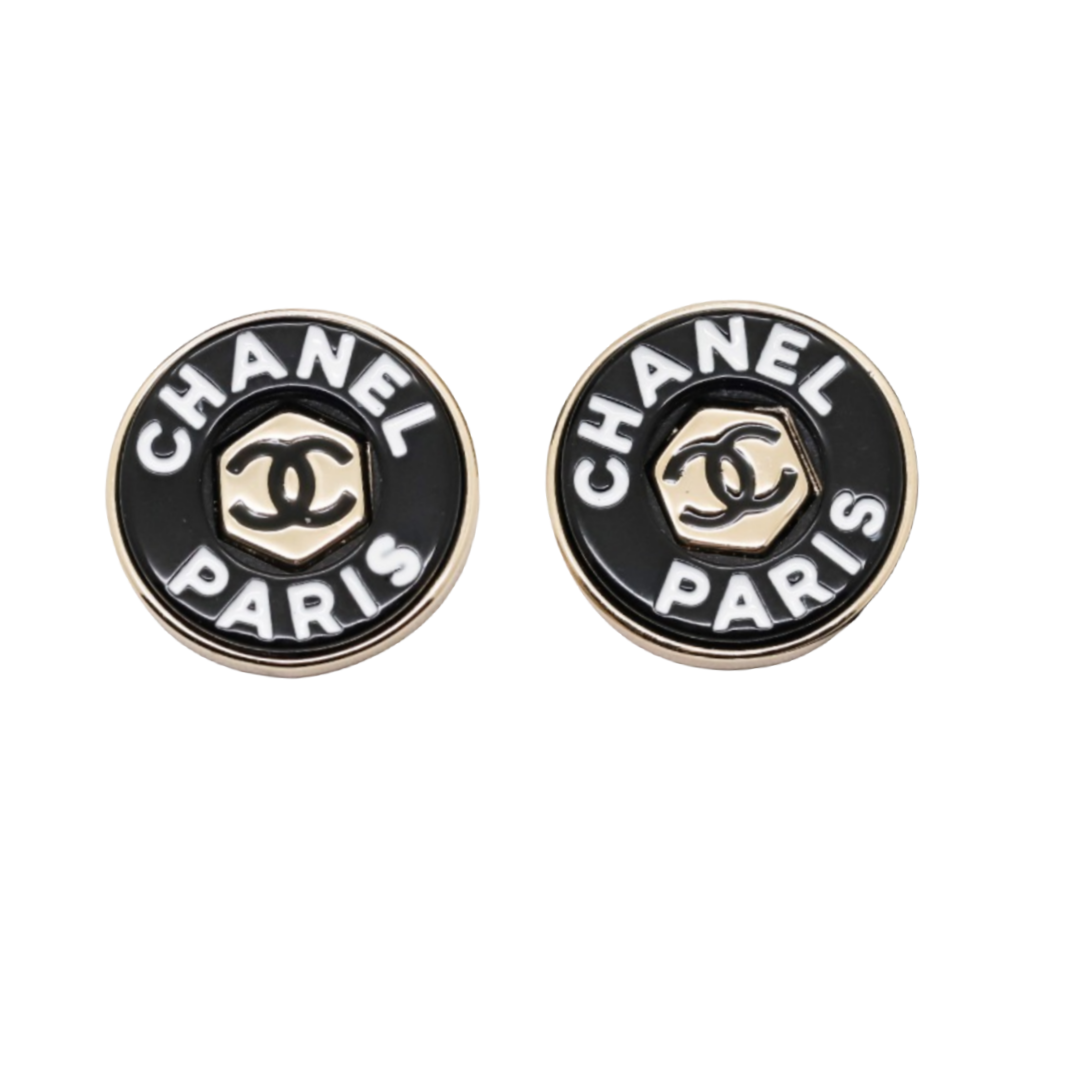 CCE248 Chanel Metal acrylic round button With chanel paris letters stamp stud earrings - ccfashionjewelry