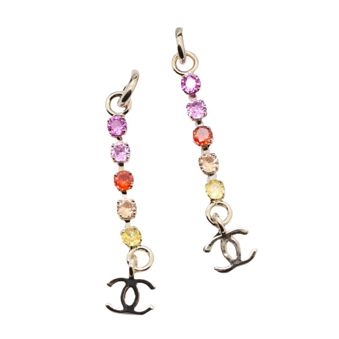 CCE454 Multicolor long tassel rhinestones double C pendant earrings - ccjewelryacc