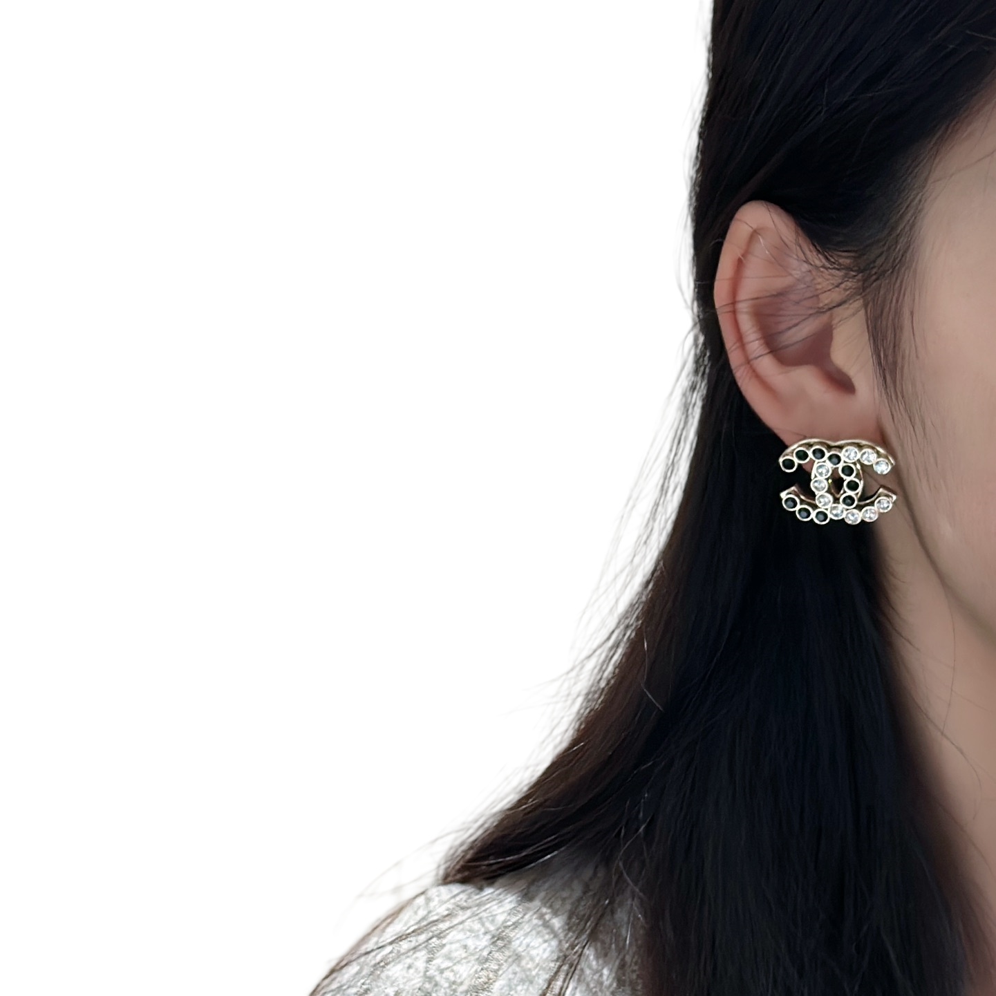 CCE307 Black and white crystal double c stud Earring - ccjewelryacc