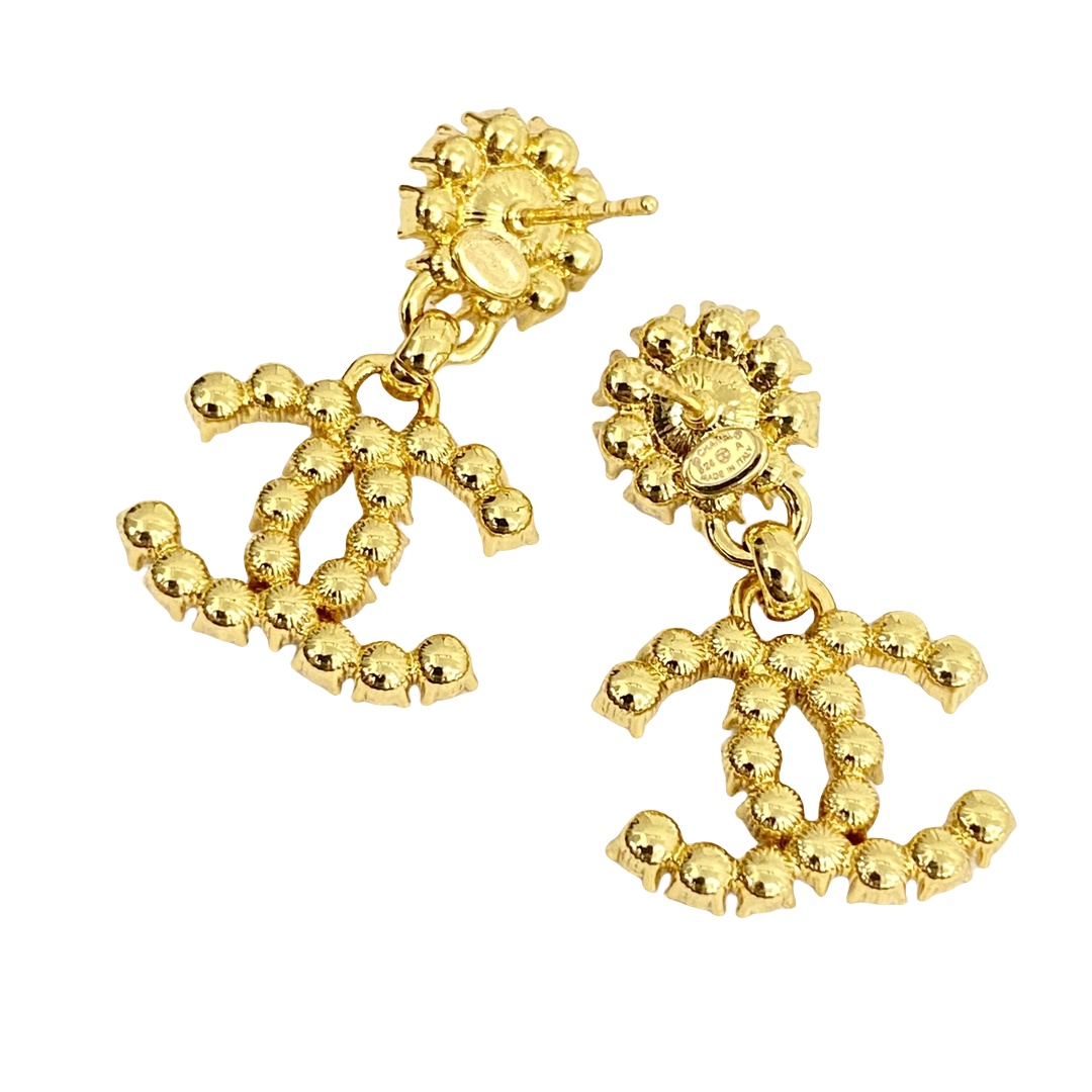 CCE754 Crystal pearl flower with black crystal cc logo drop earring - ccjewelryacc