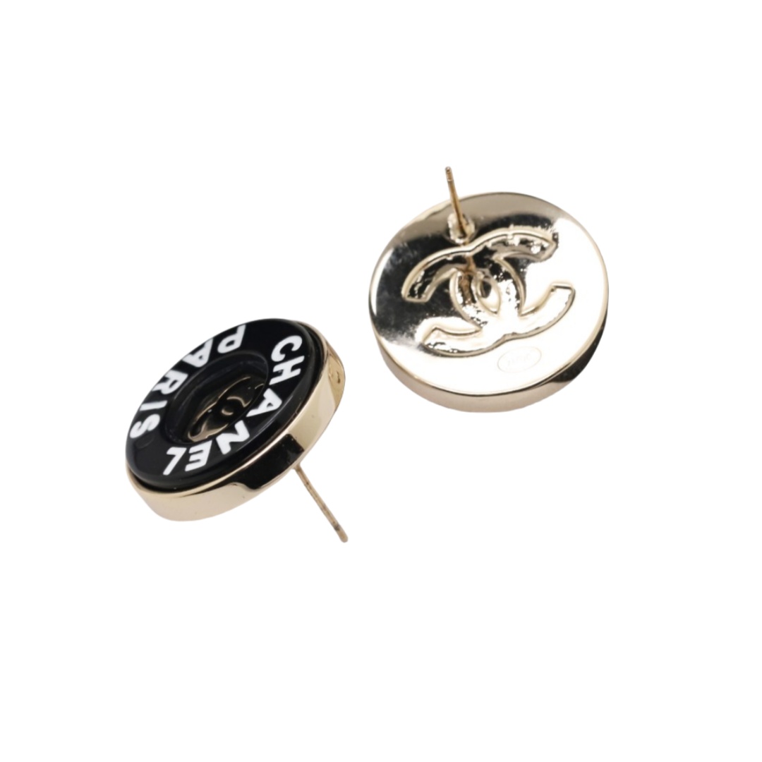 CCE248 Chanel Metal acrylic round button With chanel paris letters stamp stud earrings - ccjewelryacc