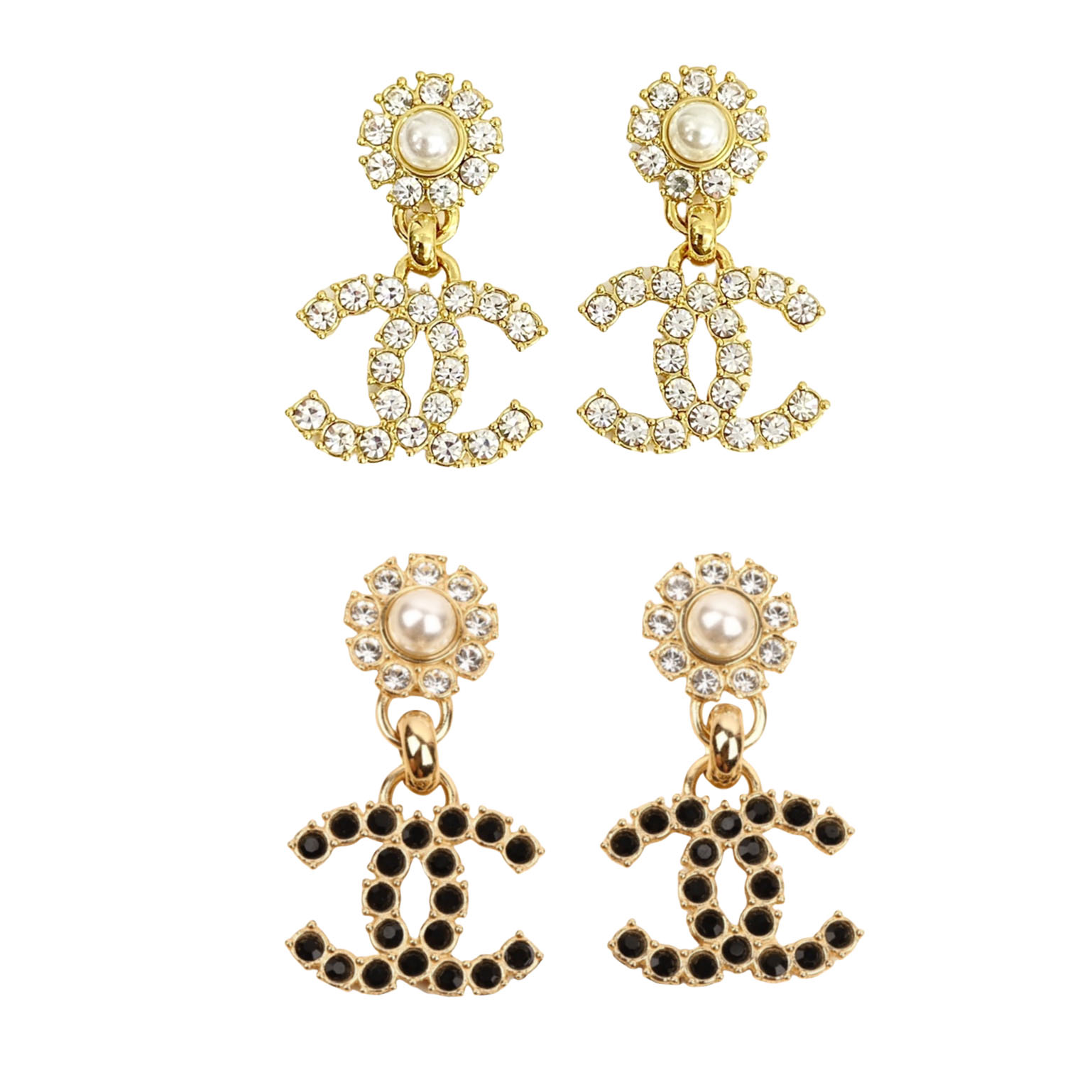 CCE754 Crystal pearl flower with black crystal cc logo drop earring - ccfashionjewelry