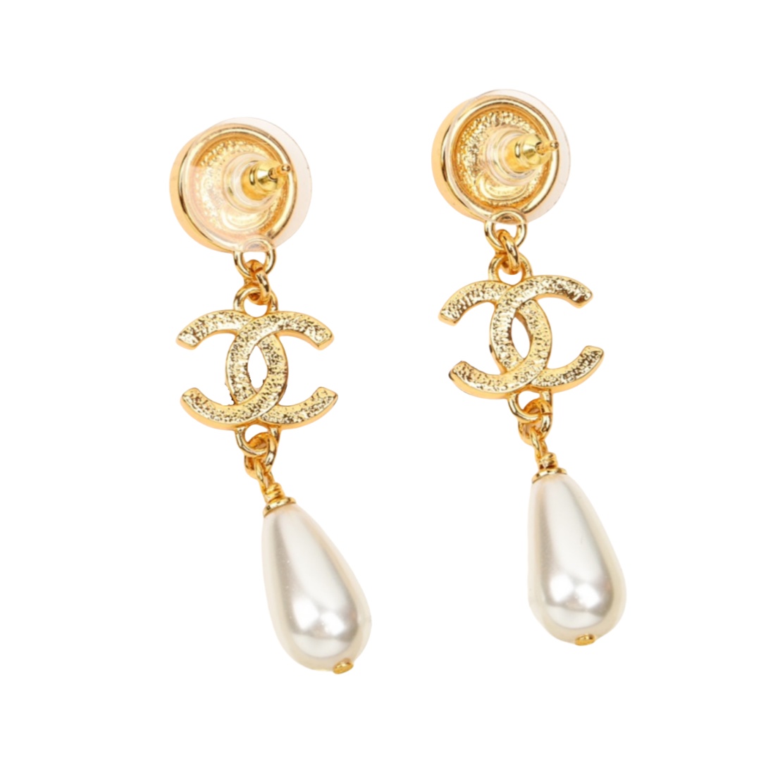 CCE011 Pink crystal with crystal CC logo and pearl drop earring - ccjewelryacc