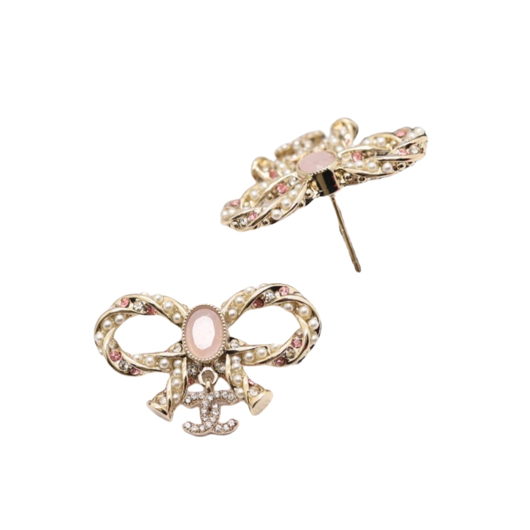 CCE414 Pink crystal and pearls bow stud earring - ccjewelryacc