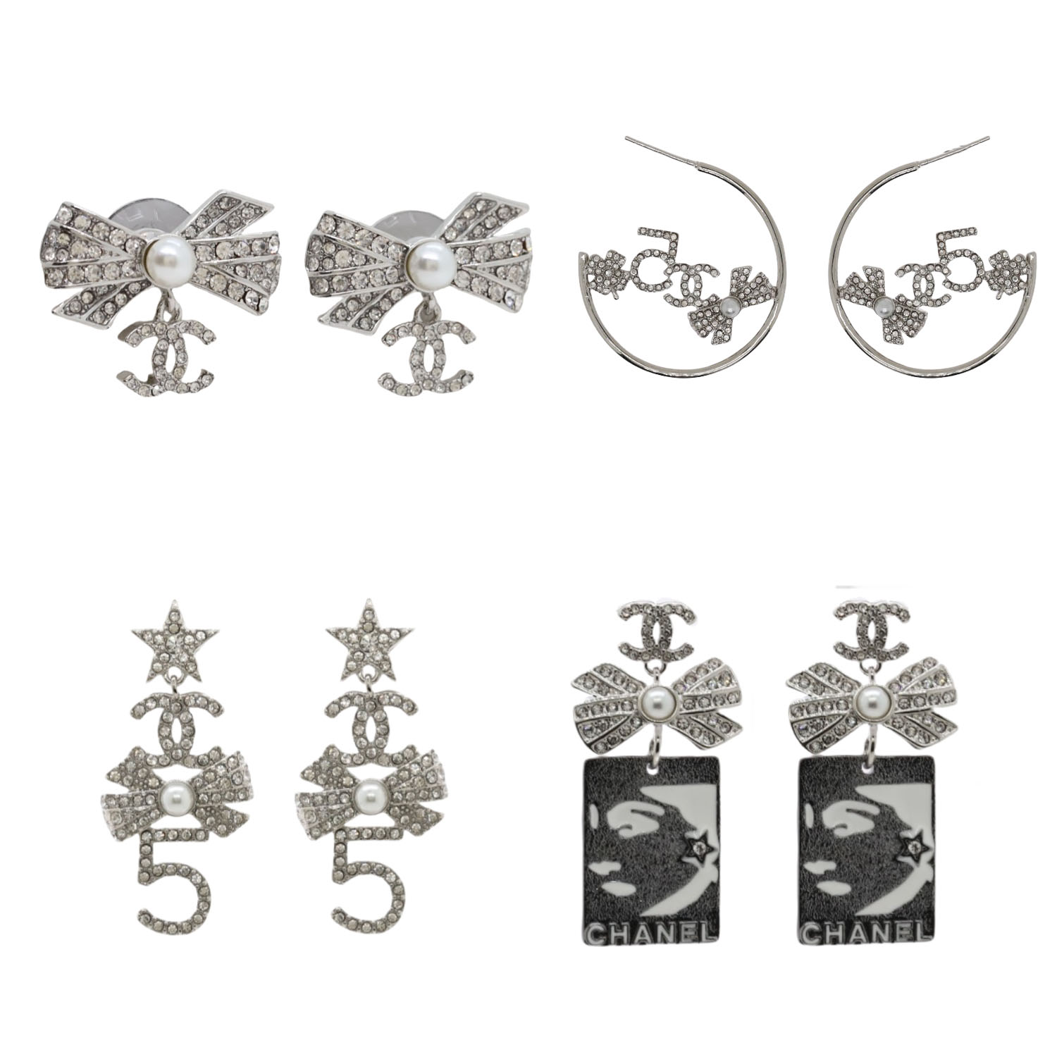 CCE014 Crystal pearl bow earring with CC logo - ccjewelryacc