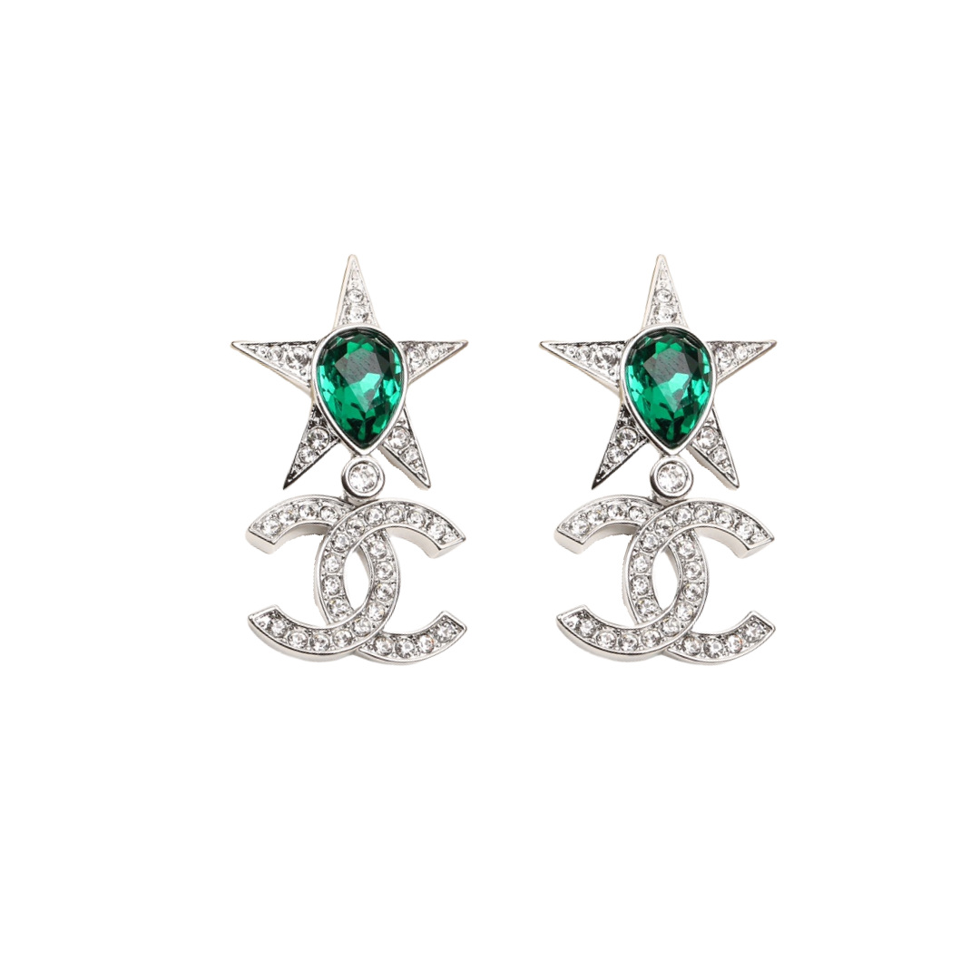 CCE830 Green gemstone star CC logo earrings - ccjewelryacc