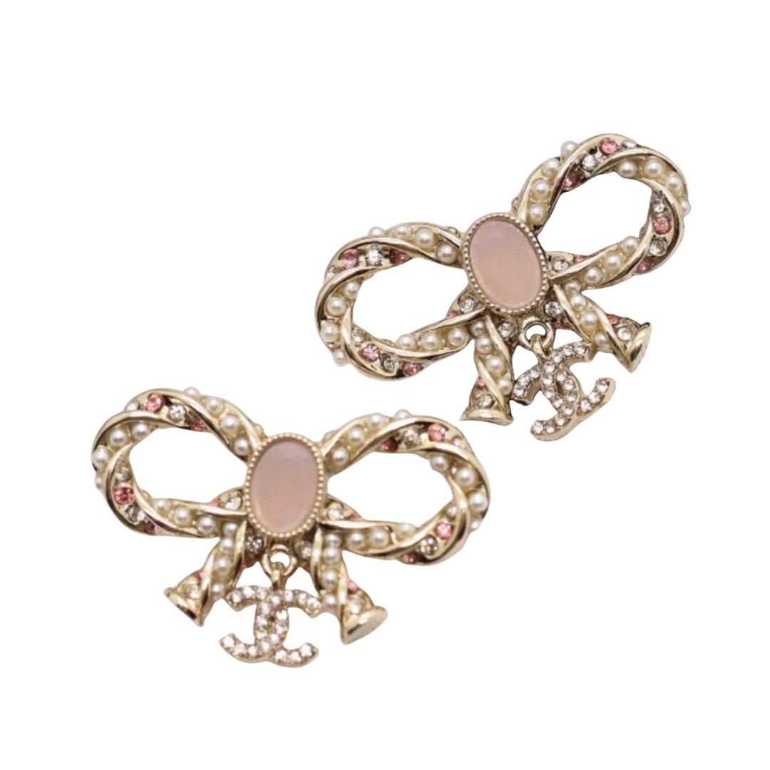 CCE414 Pink crystal and pearls bow stud earring - ccjewelryacc