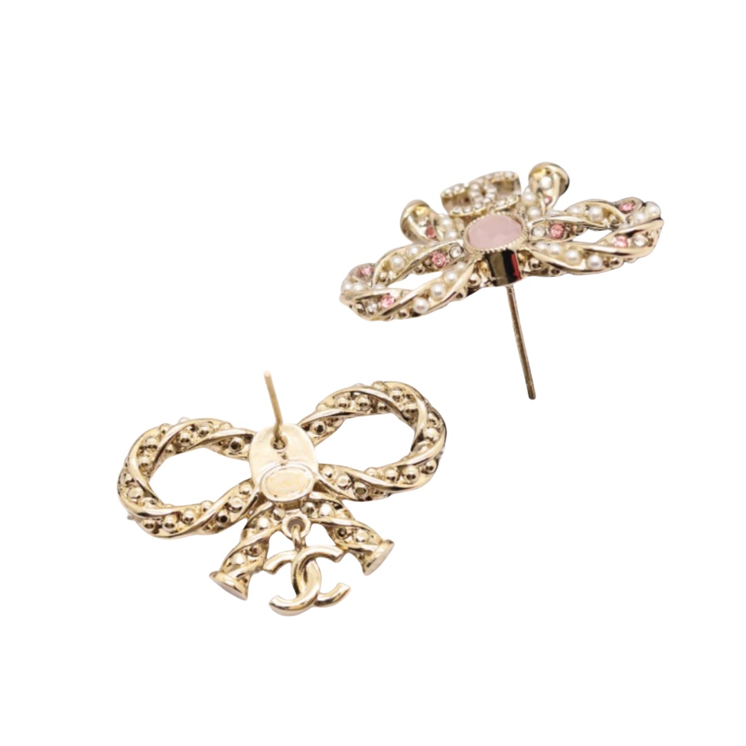 CCE414 Pink crystal and pearls bow stud earring - ccjewelryacc