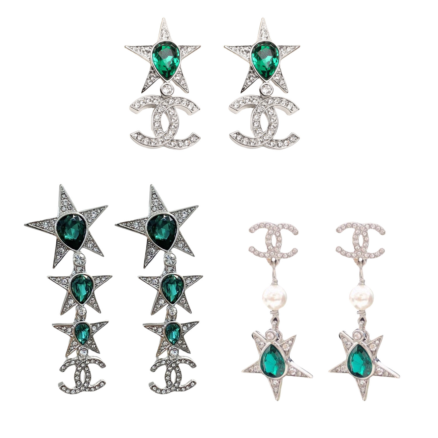 CCE830 Green gemstone star CC logo earrings - ccjewelryacc