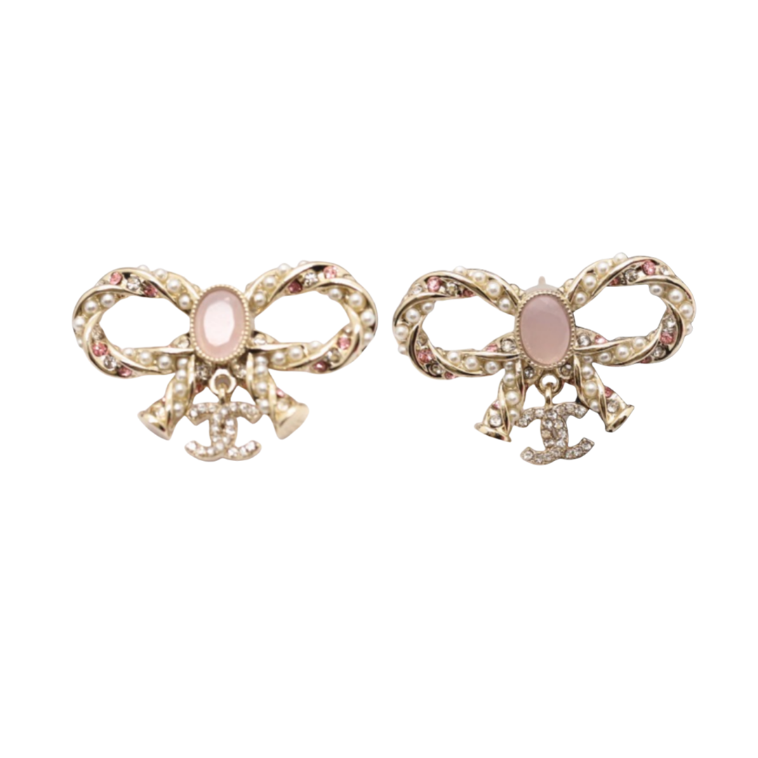 CCE414 Pink crystal and pearls bow stud earring - ccjewelryacc