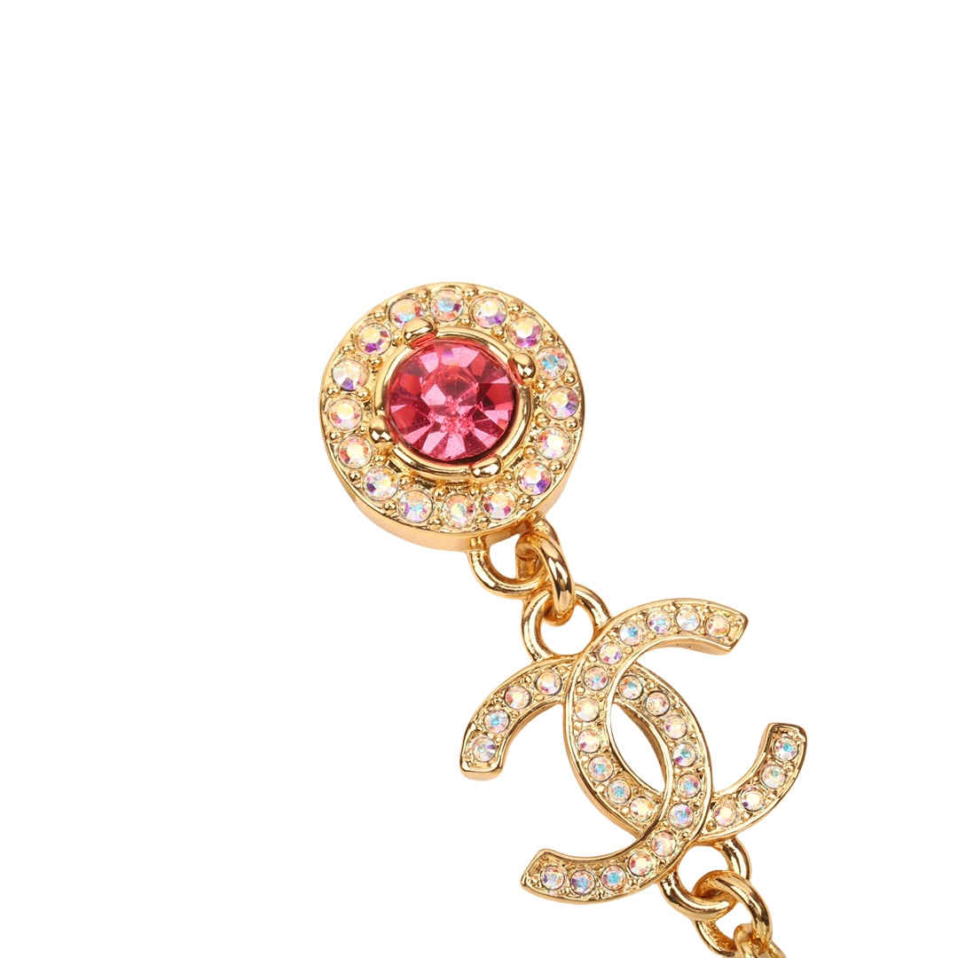 CCE011 Pink crystal with crystal CC logo and pearl drop earring - ccfashionjewelry