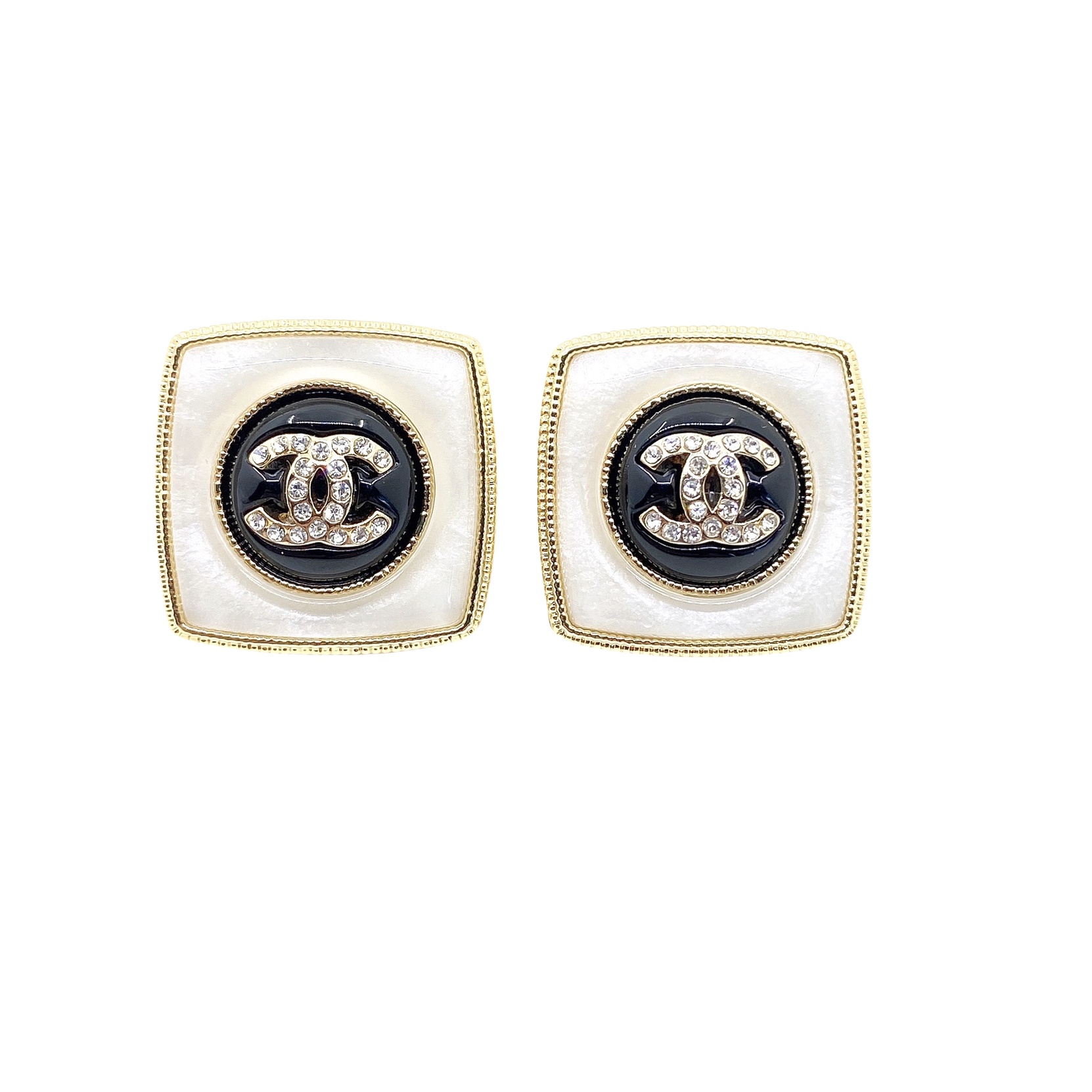 CCE016 Square mother of pearl with crystal CC logo stud earring - ccfashionjewelry