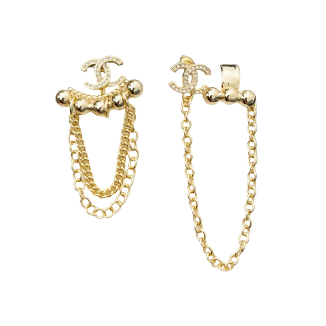 CCE010 Metal crystal CC logo stud earring with cuff - ccfashionjewelry