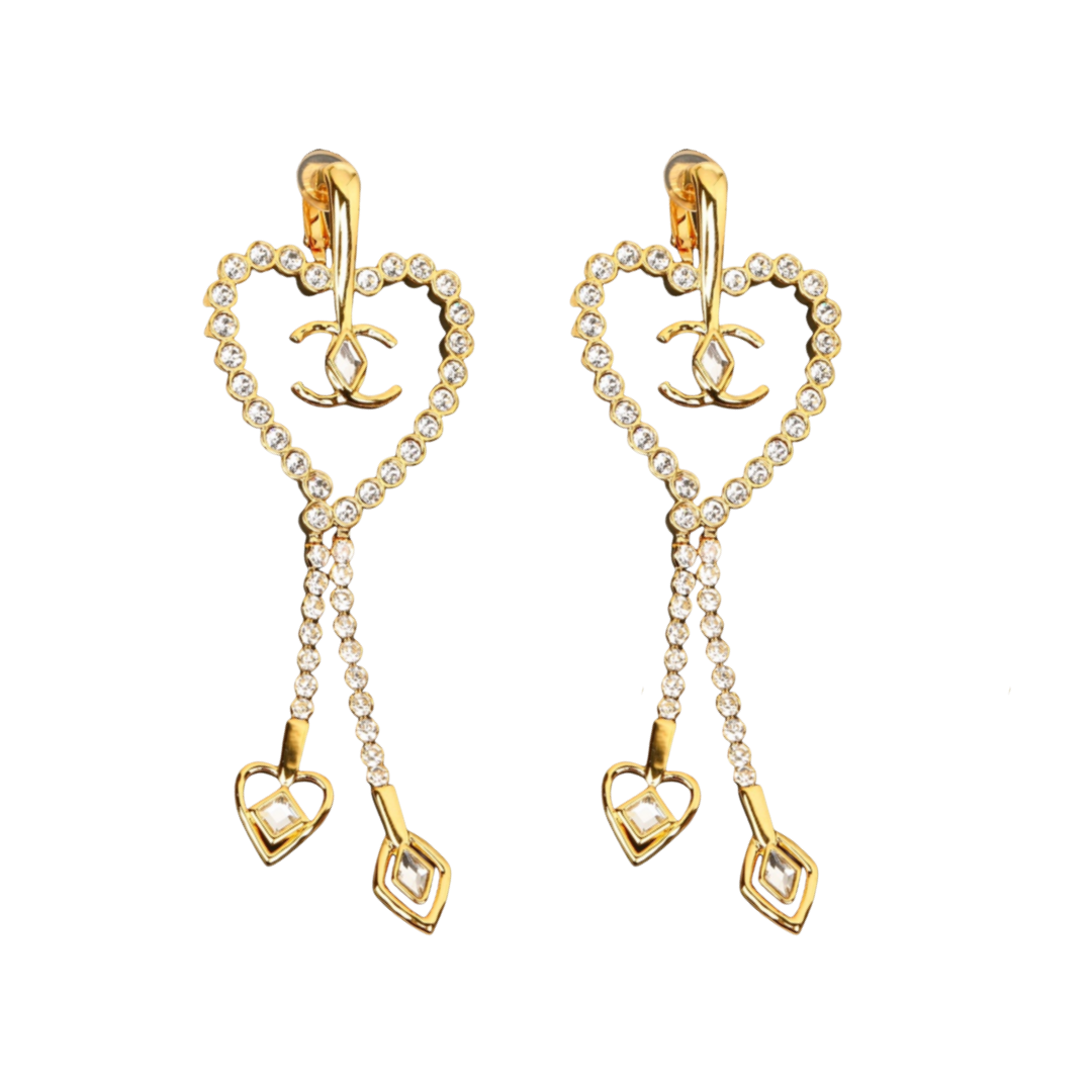 CCE238 Chanel Swarovski crystal heart tassels clip earring - ccfashionjewelry