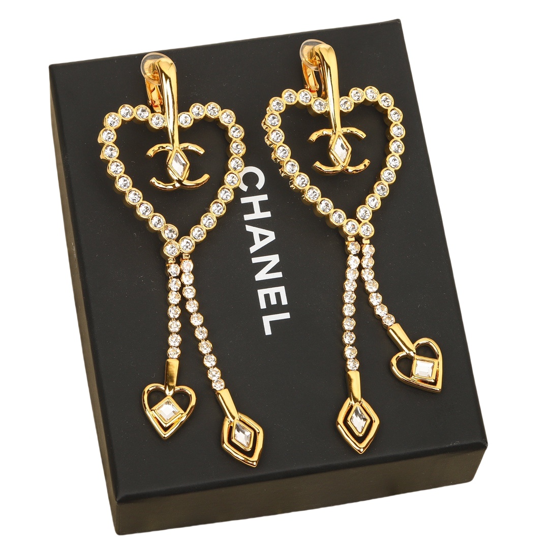 CCE238 Chanel Swarovski crystal heart tassels clip earring - ccjewelryacc