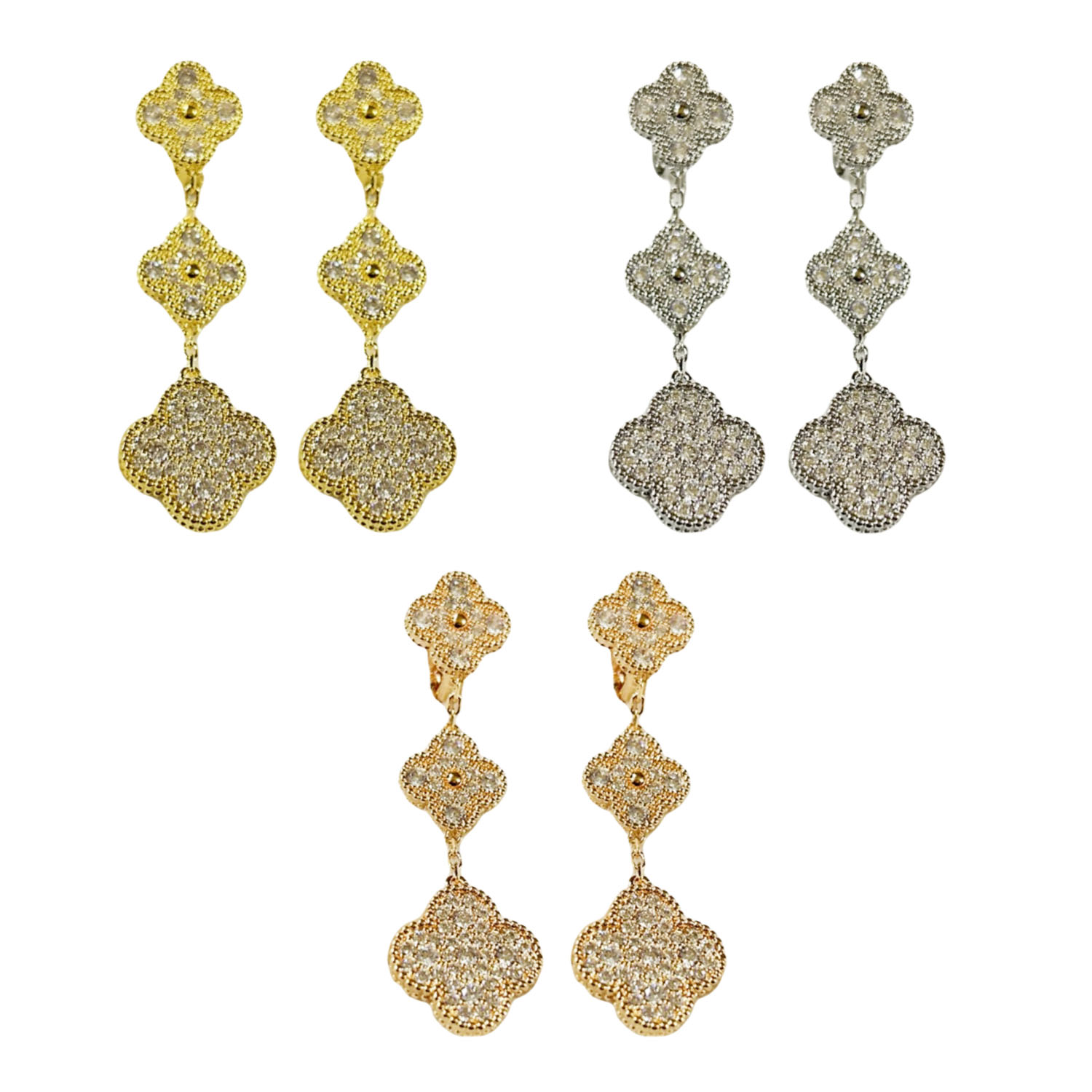 VCE021 VCA Vintage Magic Alhambra stud clip earring 3 motifs full Crystal diamond - ccfashionjewelry