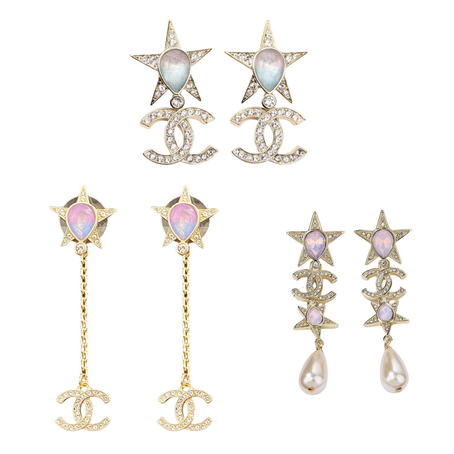 CCE831 Rainbow gemstone star CC logo earrings - ccjewelryacc