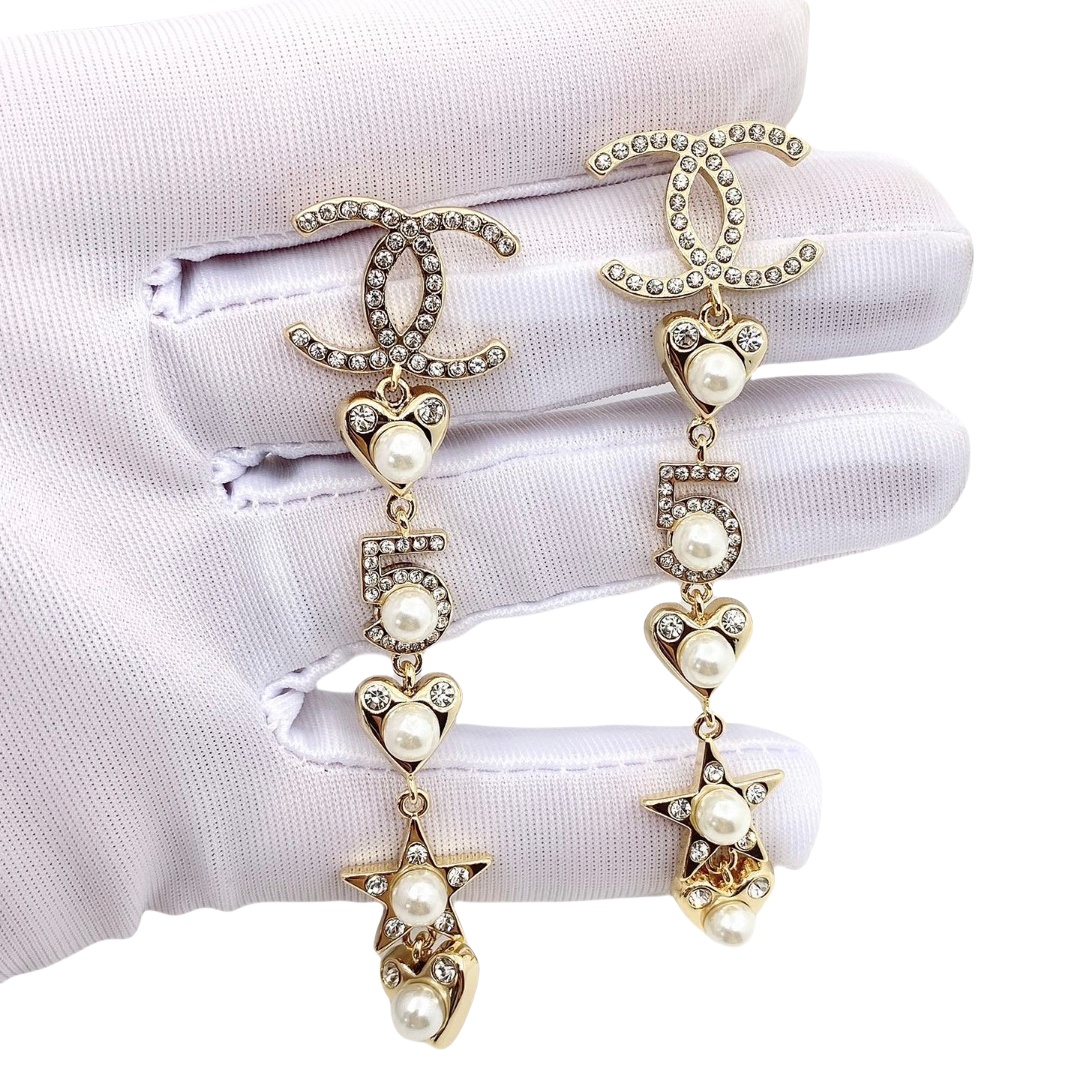 CCE239 Chanel pearl crystal heart No 5 star CC logo Multi-element tassel earrings - ccjewelryacc