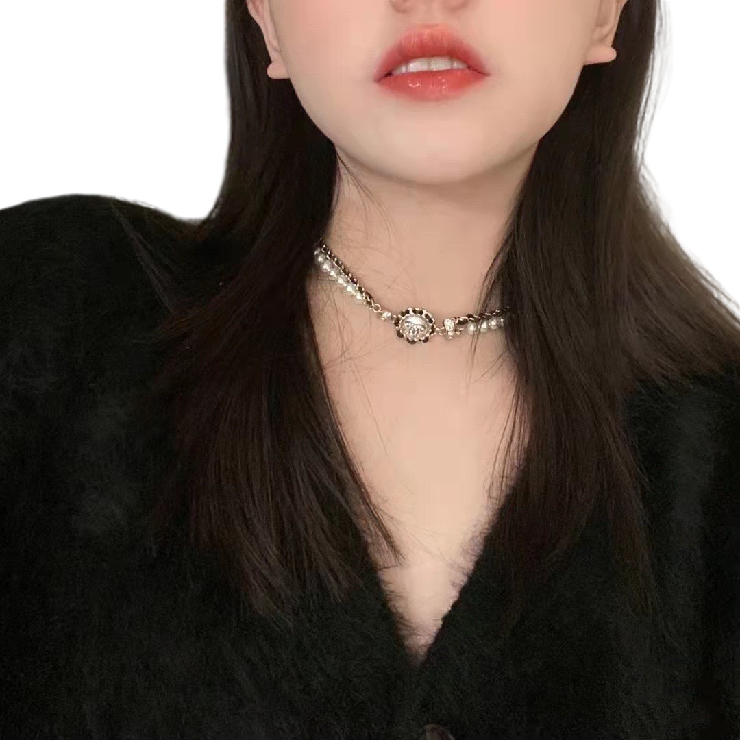 CCN018 Chanel pearl and metal leather chain choker necklace - ccjewelryacc