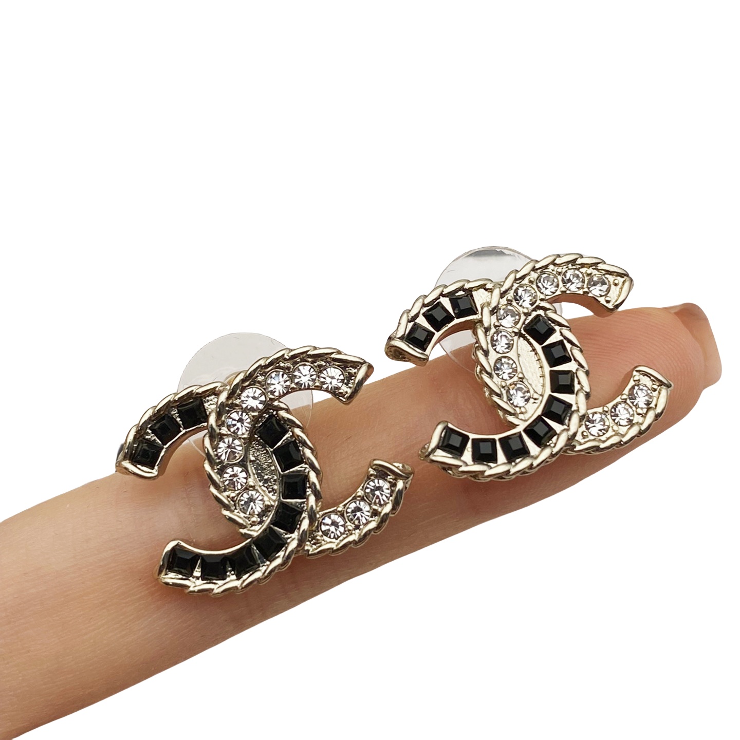 CCE596 Chanel black and white crystal stud earrings - ccjewelryacc