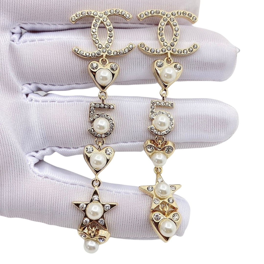 CCE239 Chanel pearl crystal heart No 5 star CC logo Multi-element tassel earrings - ccfashionjewelry