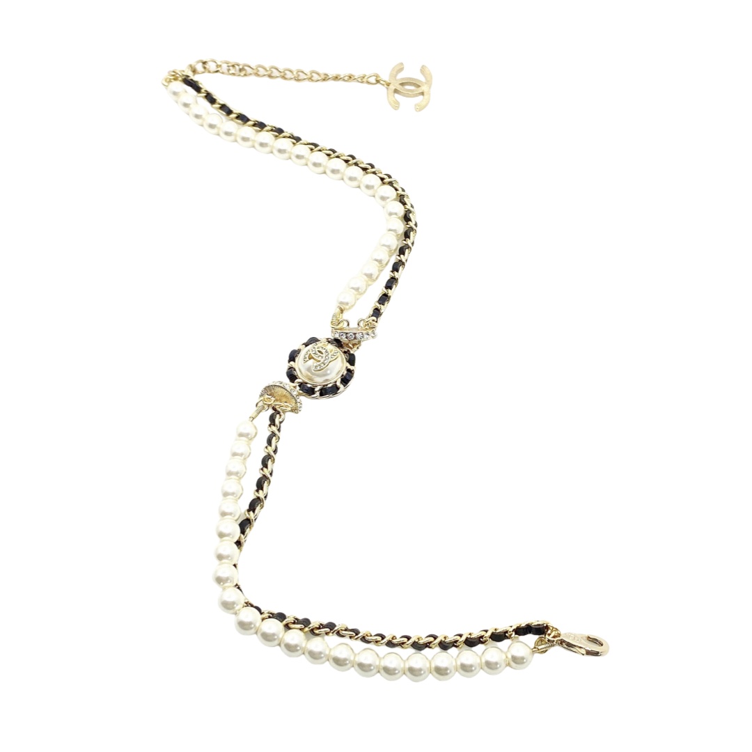CCN018 Chanel pearl and metal leather chain choker necklace - ccjewelryacc