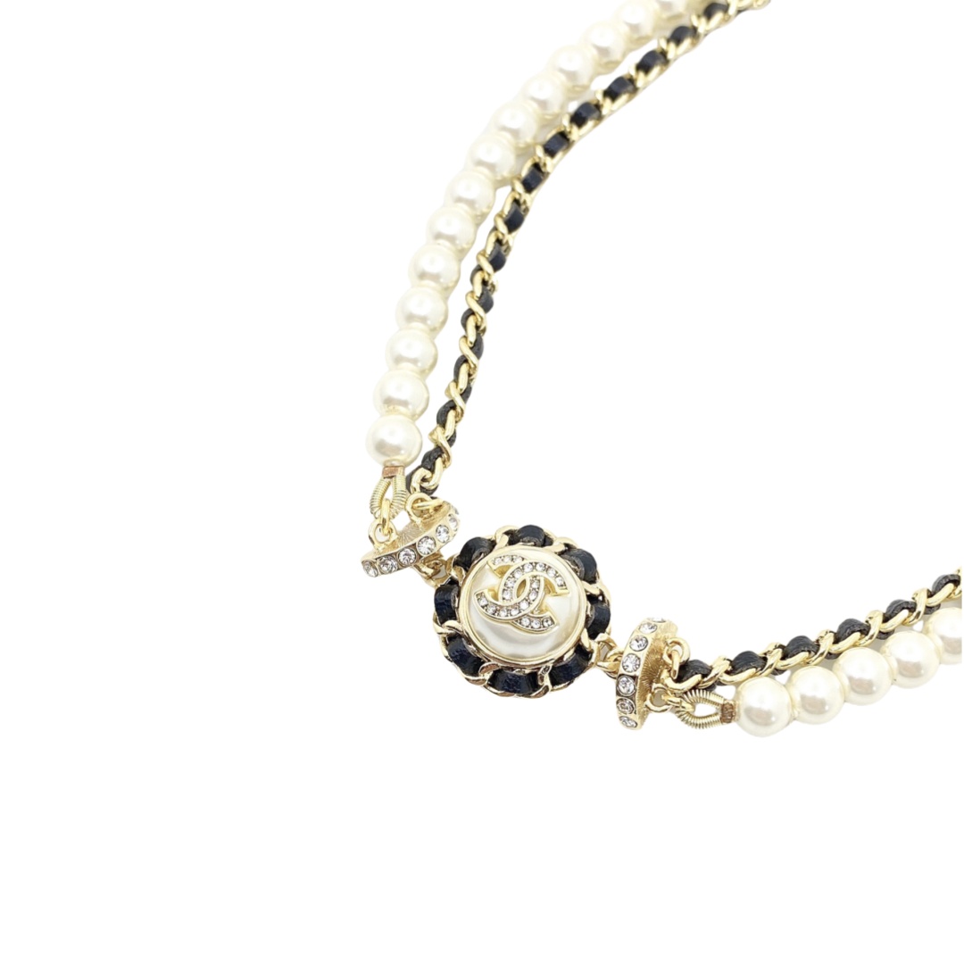 CCN018 Chanel pearl and metal leather chain choker necklace - ccjewelryacc