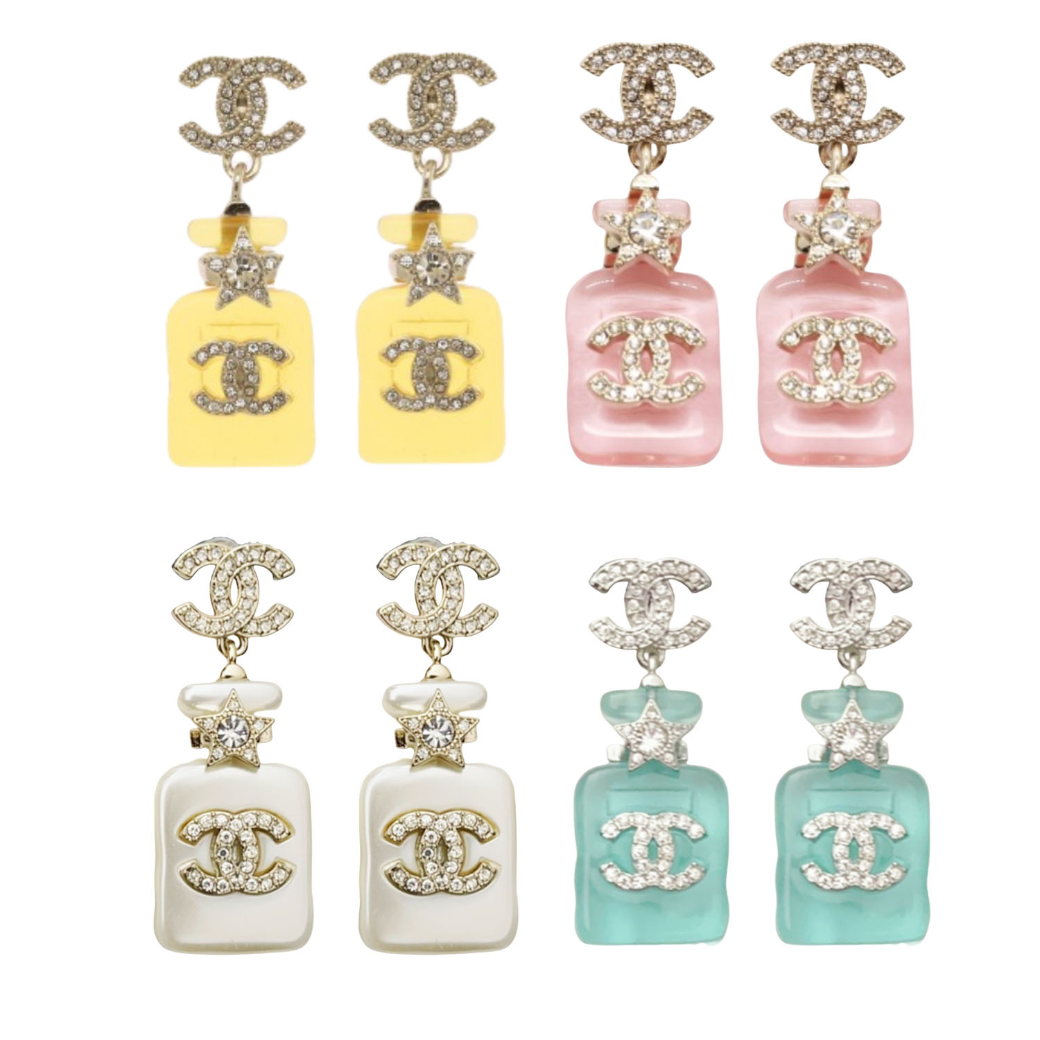 CCE048 Chanel Pink /blue /yellow acrylic star Perfume Bottle with crystal cc logo stud earring - ccfashionjewelry