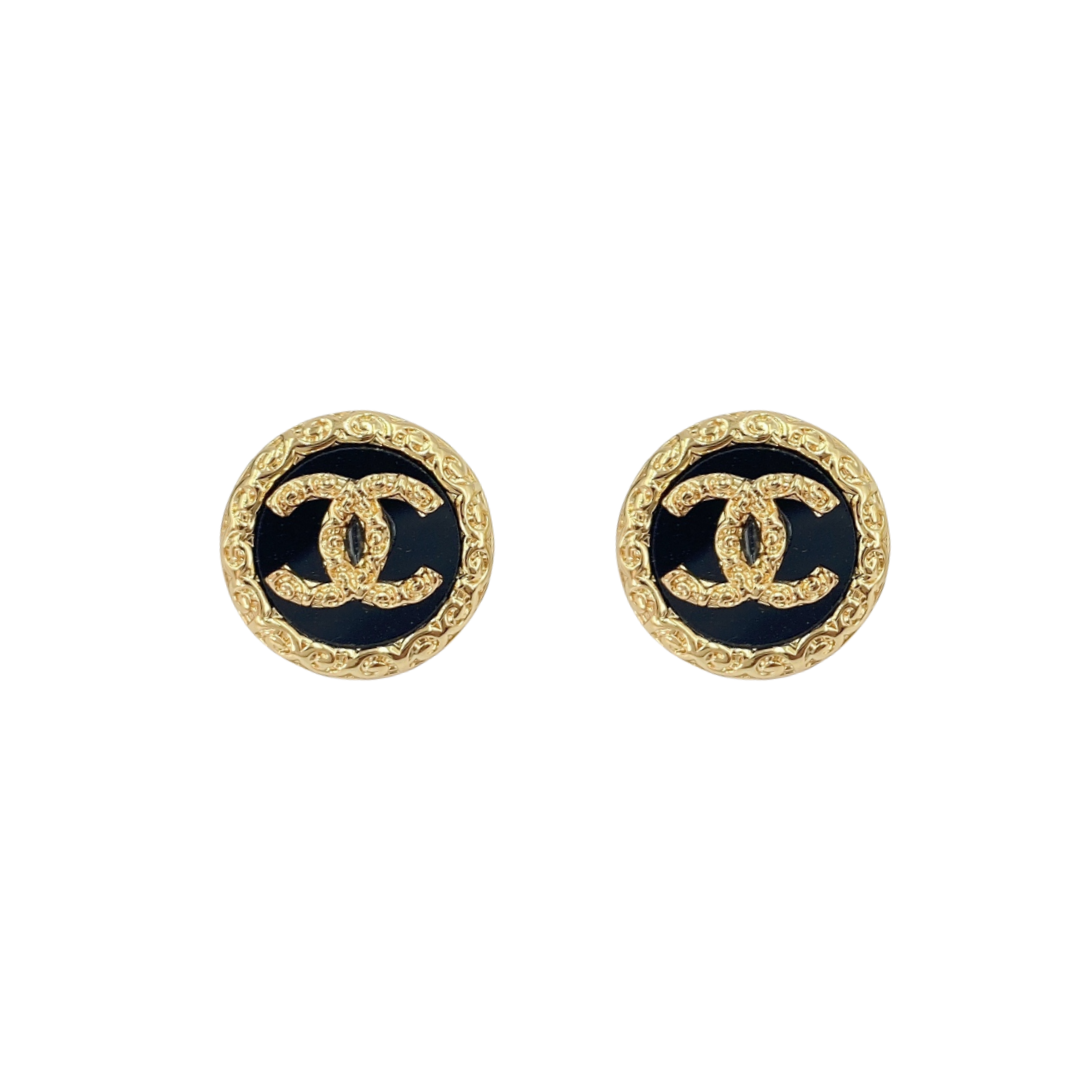 CCE308 Vintage lava embossment black gold round CC stud Earring - ccfashionjewelry