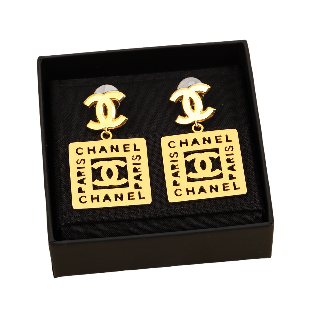 CCE229 Vintage Gold hollow out chanel label symbol drop Earring - ccjewelryacc