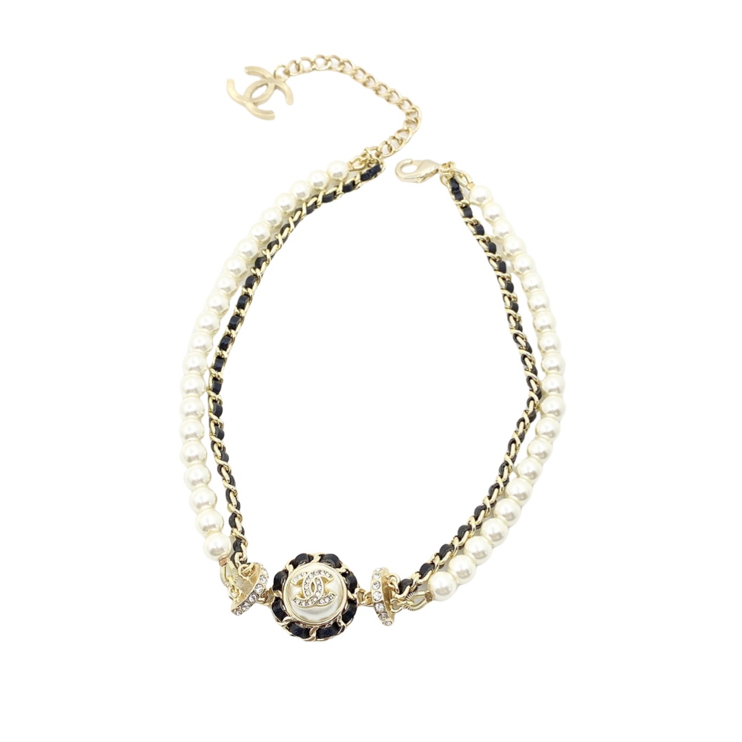 CCN018 Chanel pearl and metal leather chain choker necklace - ccfashionjewelry
