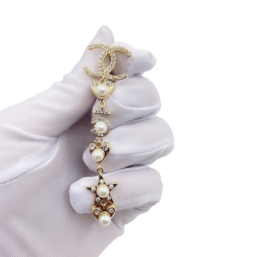 CCE239 Chanel pearl crystal heart No 5 star CC logo Multi-element tassel earrings - ccjewelryacc