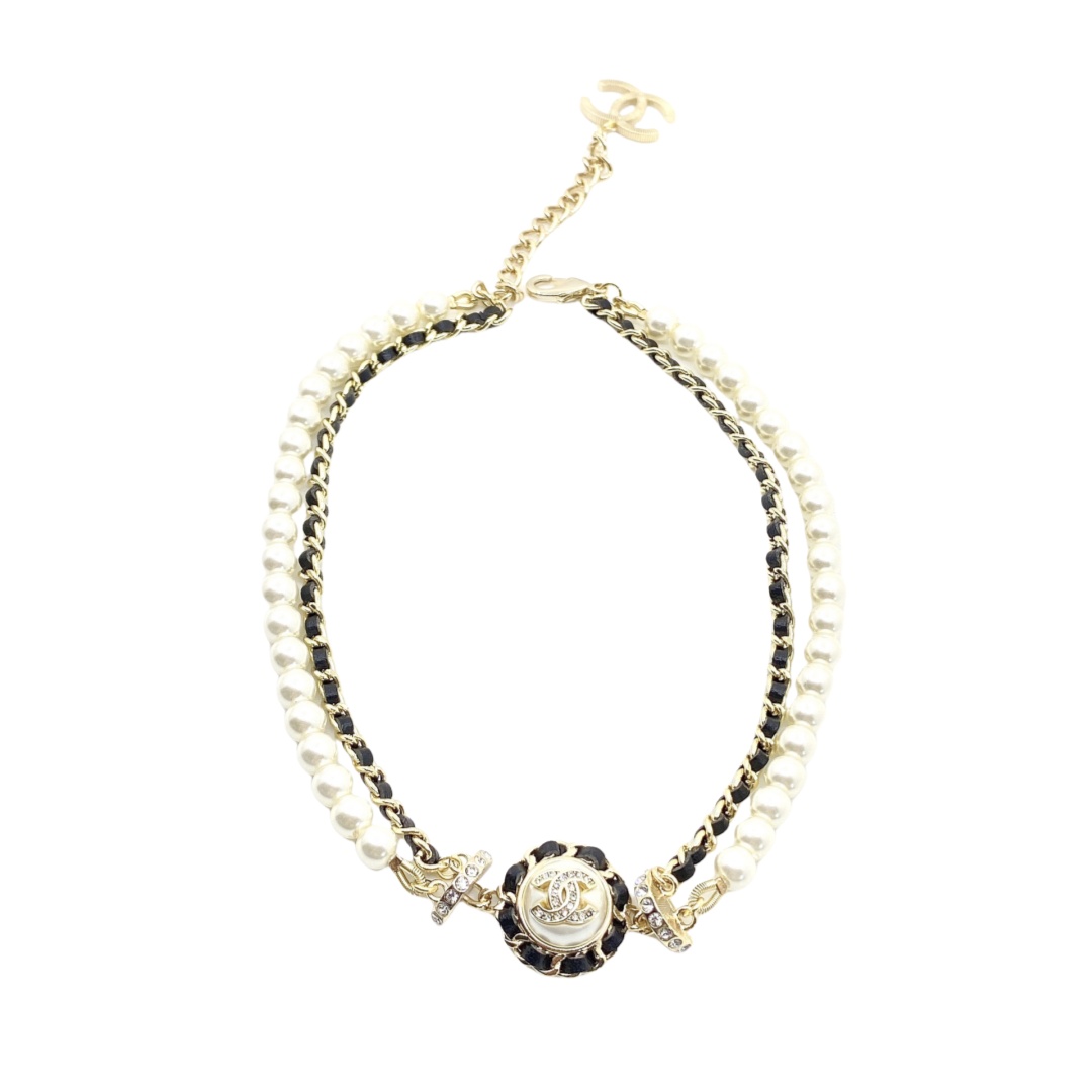 CCN018 Chanel pearl and metal leather chain choker necklace - ccfashionjewelry
