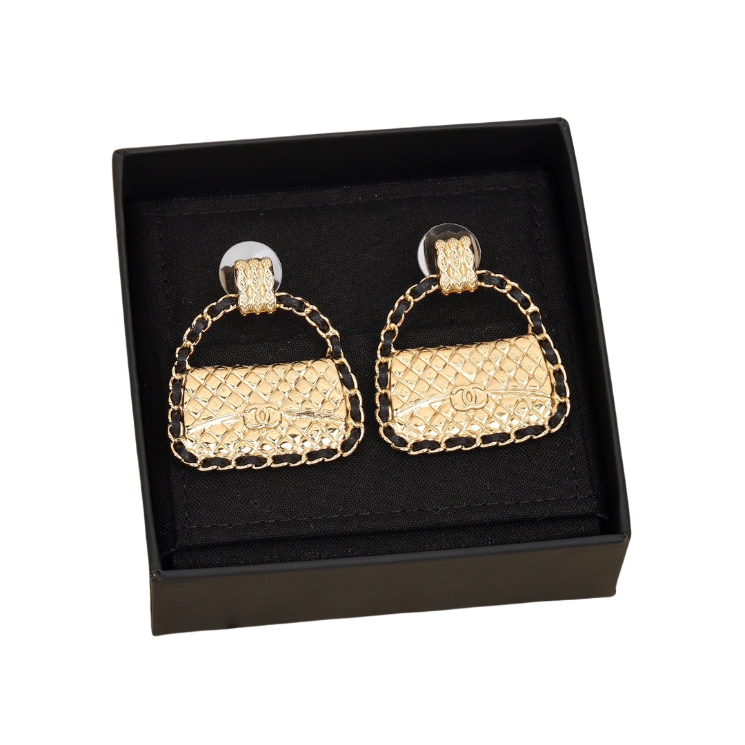 CCE037 Chanel Quilting metal and leater bag stud earring - ccjewelryacc