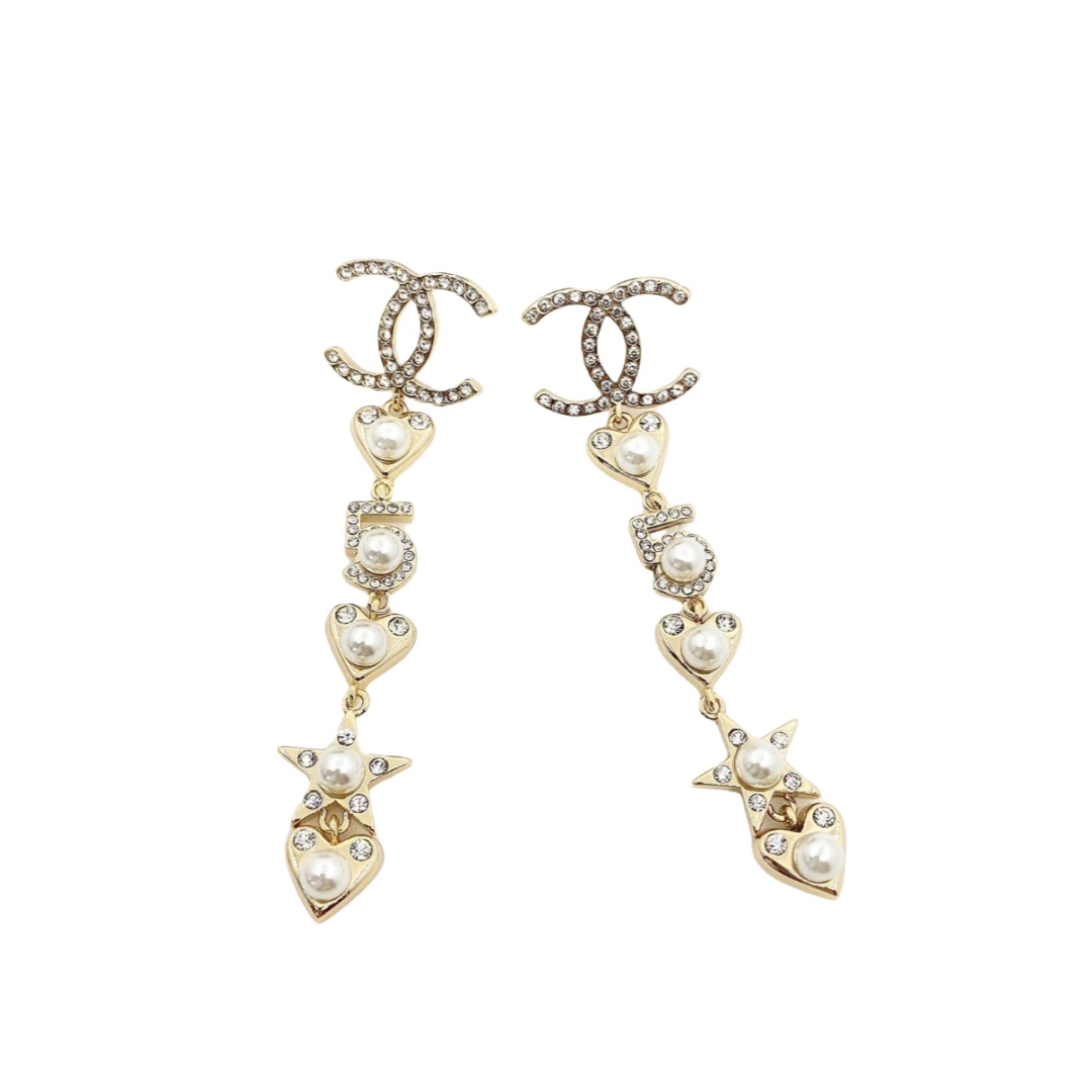 CCE239 Chanel pearl crystal heart No 5 star CC logo Multi-element tassel earrings - ccfashionjewelry