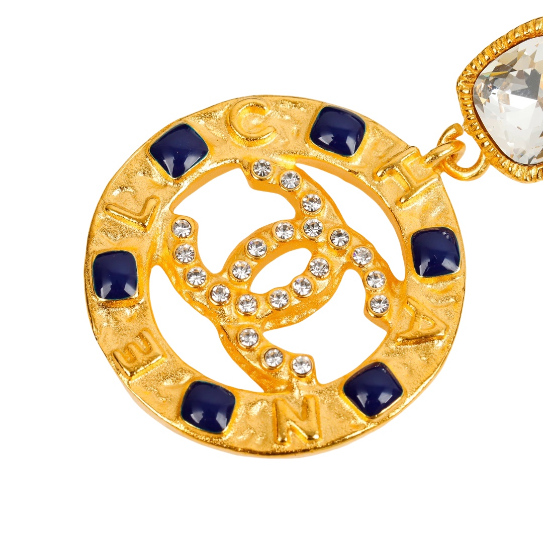 CCE223 Chanel blue enamel and crystal round stud drop earring - ccjewelryacc