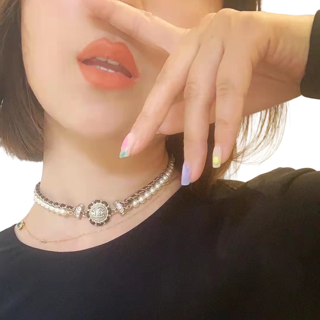 CCN018 Chanel pearl and metal leather chain choker necklace - ccjewelryacc